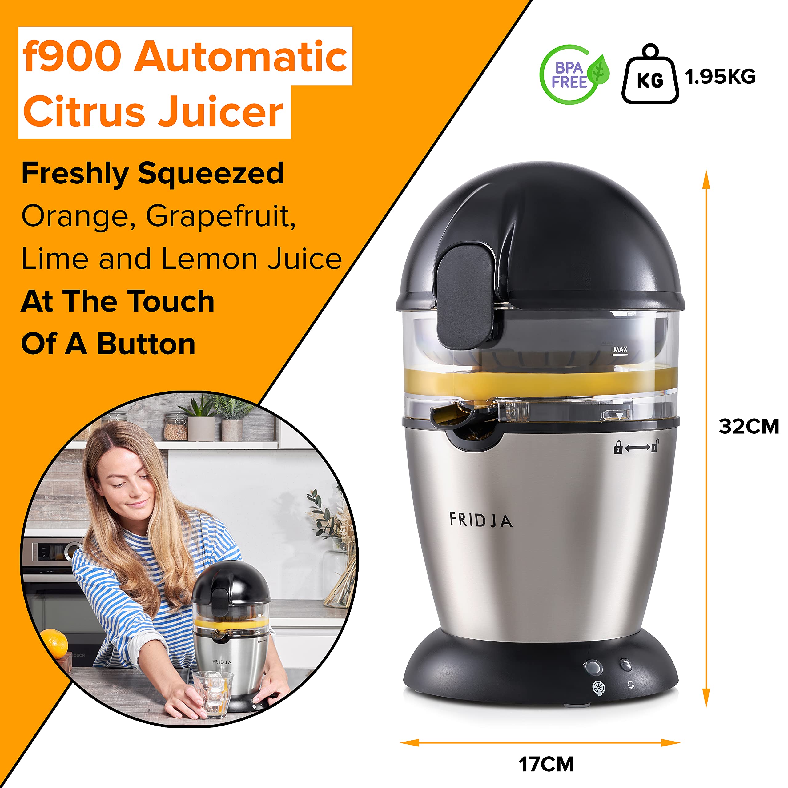 Automatic Citrus Juicer - One-Touch Operation, No Spill Design, Easy to Clean | Stainless Steel Orange & Grapefruit Squeezer for Fresh Juice (50W, 400ml) | Perfect for Breakfast, Brunch & Healthy Lifestyle - Fridja F900