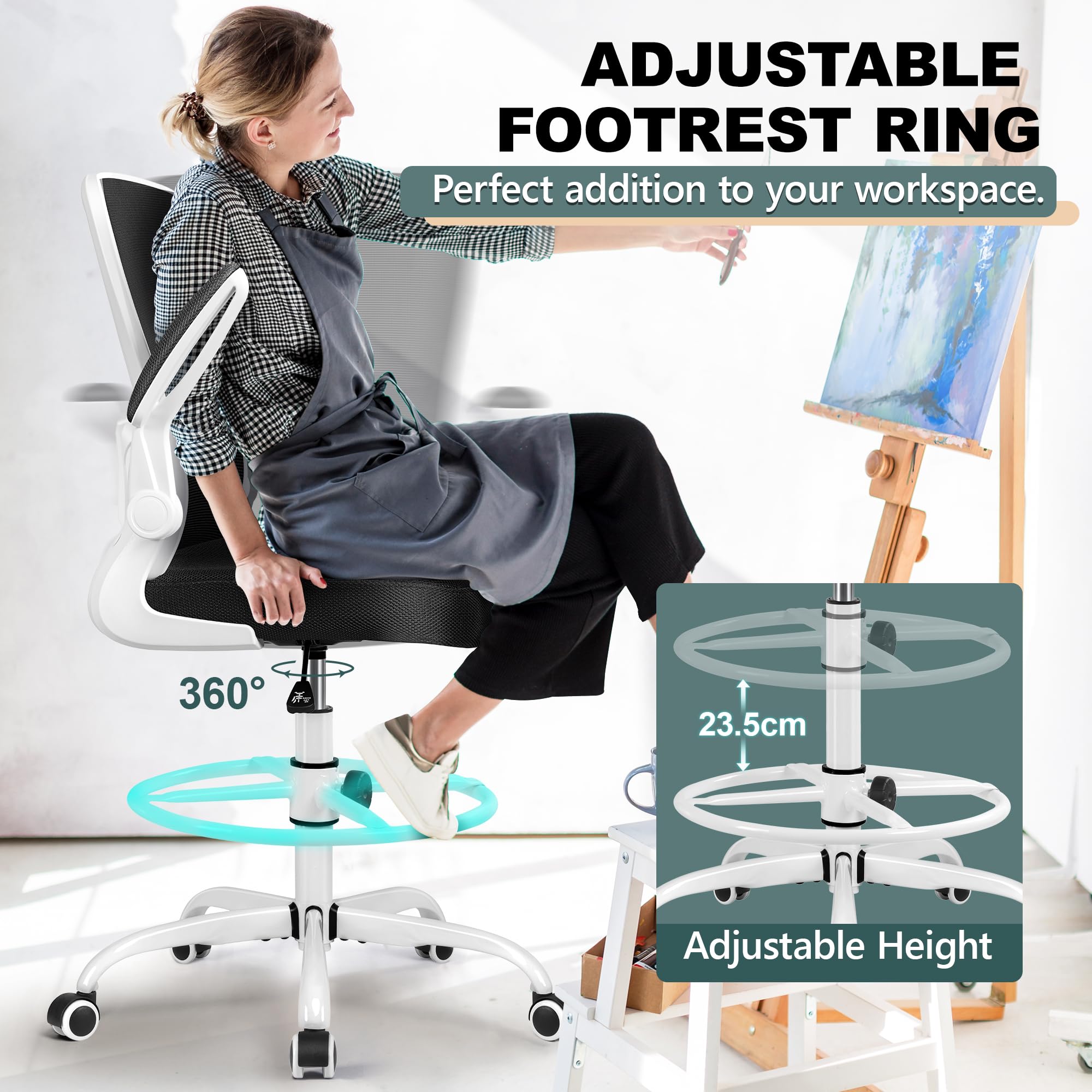 FelixKing Ergonomic Drafting Chair - Adjustable Mesh Office Chair with Lumbar Support, Footrest & Flip-Up Armrests - High Back Executive Desk Chair for Home Office, Gaming & Computer Work