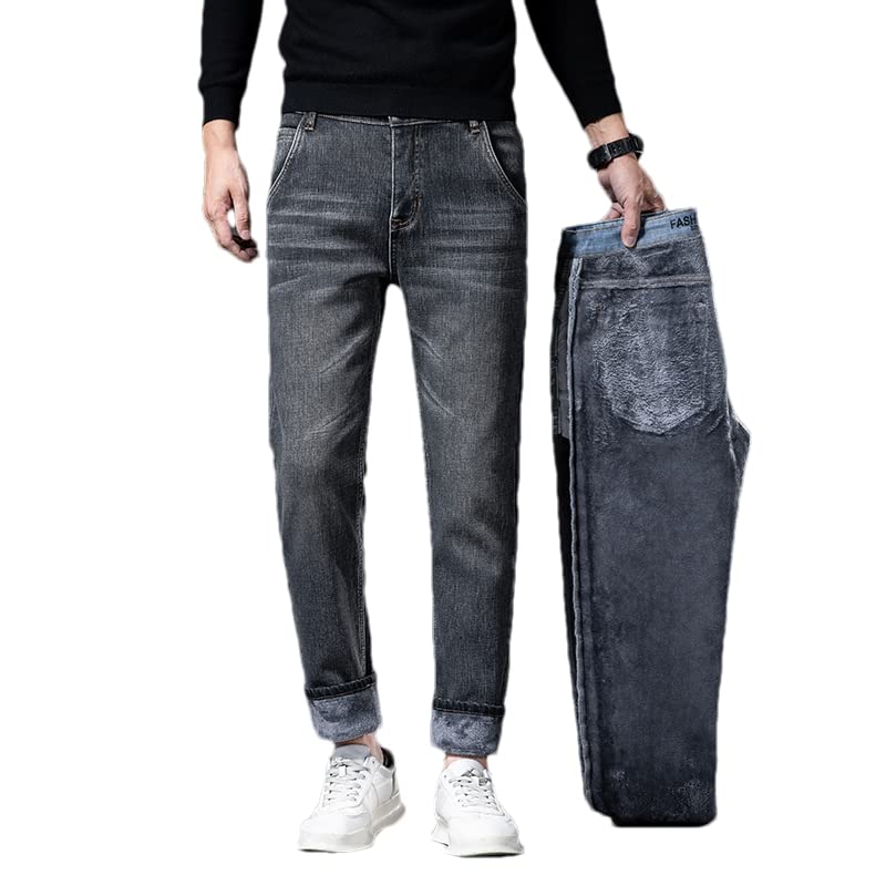 Men's Winter Fleece-Lined Jeans - Warm Thick Regular Fit Denim Pants for Men in Blue & Grey | Stylish Casual Trousers for Cold Weather Outfits