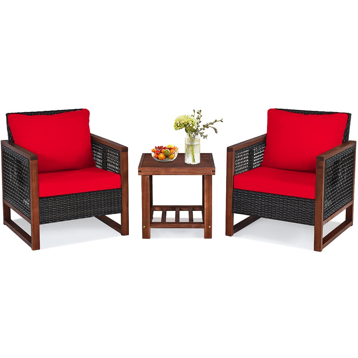 HappyGrill 3-Piece Outdoor Patio Furniture Set - Acacia Wood Wicker Chairs with Coffee Table & Washable Cushions - Perfect for Balcony, Porch, Garden, Poolside & Backyard Relaxation