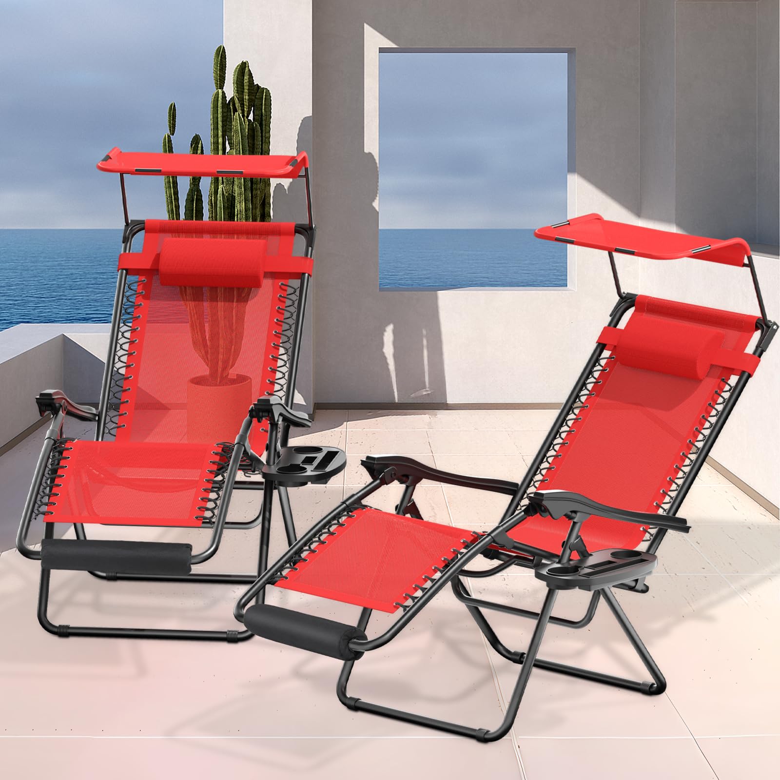 **MoNiBloom Zero Gravity Chairs Set of 2 – Patio Anti-Gravity Recliner with Canopy Shade, Foldable Outdoor Lounger with Cup Holder & Tray – Adjustable Headrest & Footrest – Perfect for Beach, Camping, Backyard & Poolside Relaxation (Red)**