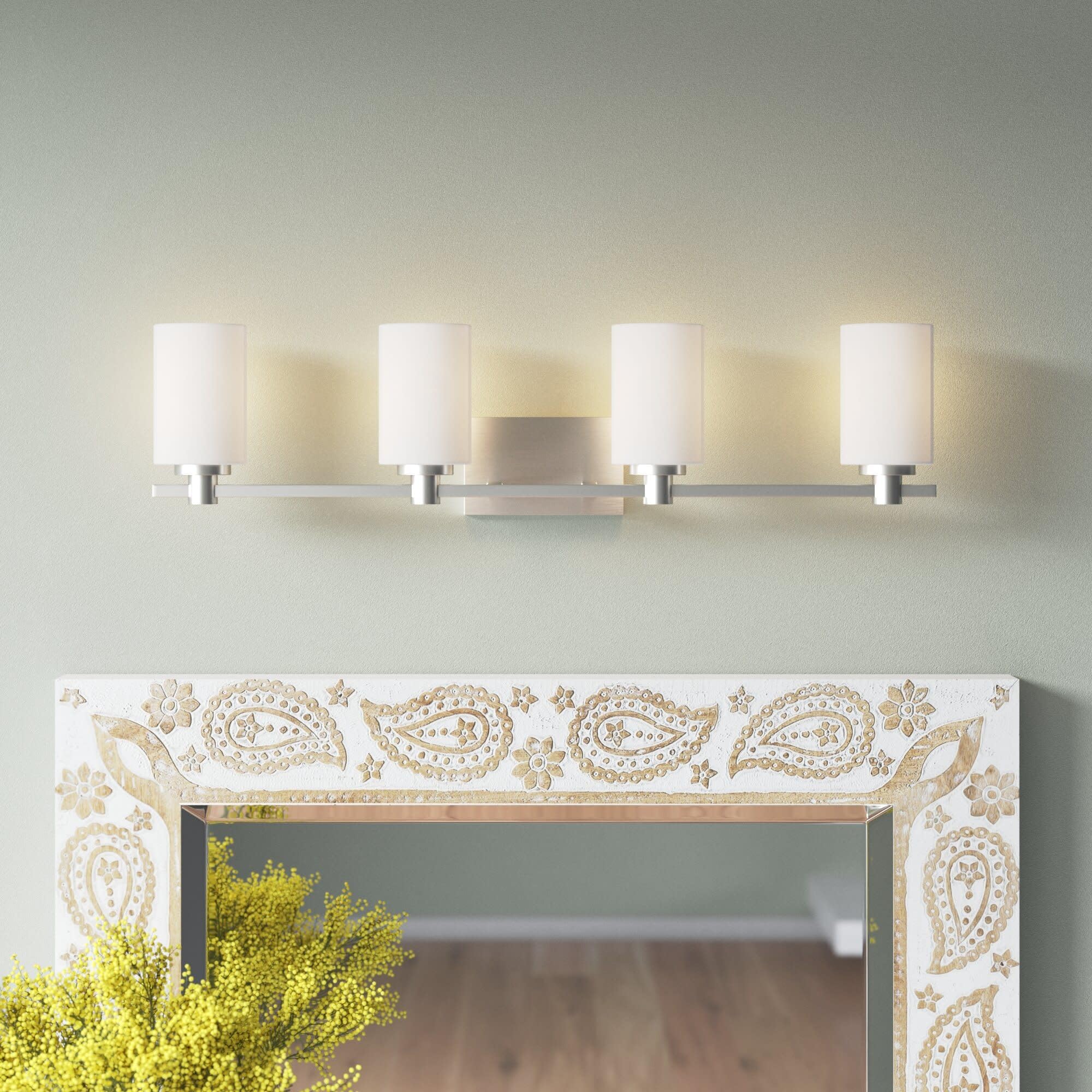 Hinkley Karlie Large 4-Light Bathroom Vanity Light - Transitional Style, Damp Rated, Etched Opal Glass Shade, Brushed Nickel Finish - Perfect for Master Bath, Powder Room & Spa-Like Retreats