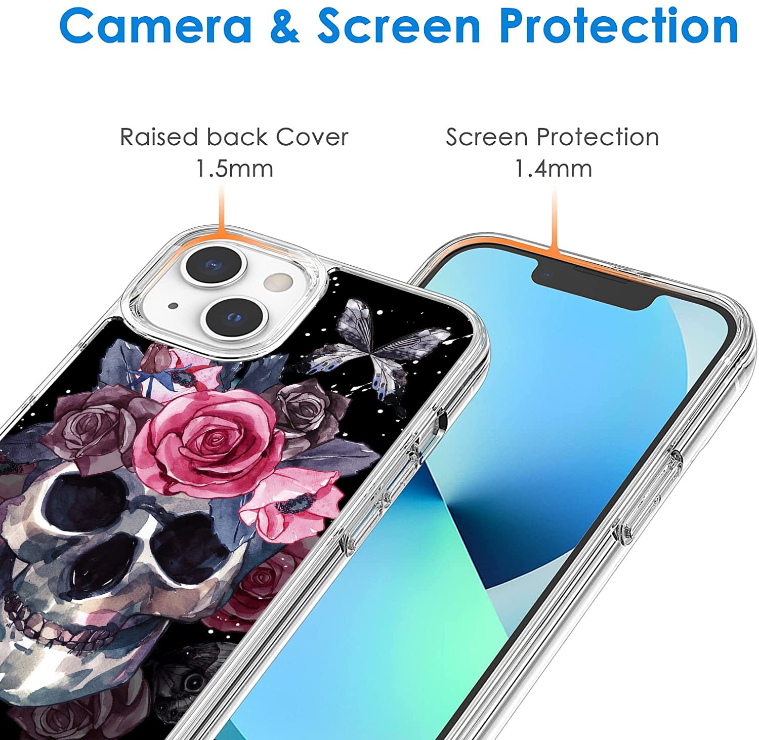 Shockproof Clear TPU Phone Case for iPhone 13 - Slim Protective Cover with Skull Flower Butterfly Design | Perfect for Daily Use, Outdoor Activities & Travel Protection