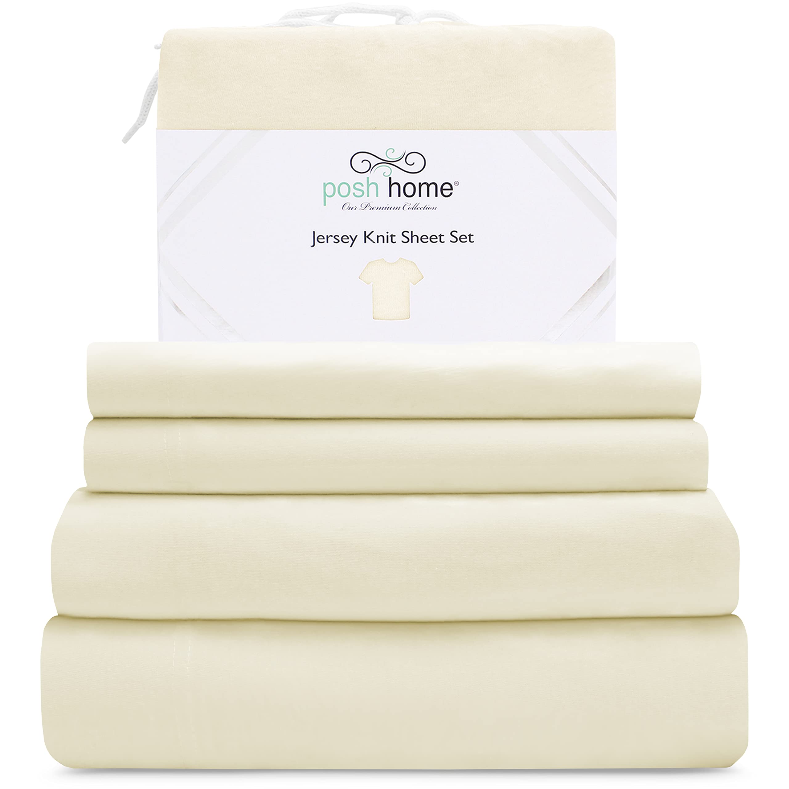 Posh Home Jersey Knit Sheet Set – 3-Piece Soft & Breathable Cotton Jersey Bed Sheets – Includes Flat Sheet, Fitted Sheet & Pillowcase – Twin Size, Almond – Perfect for Cozy Nights & Guest Bedrooms