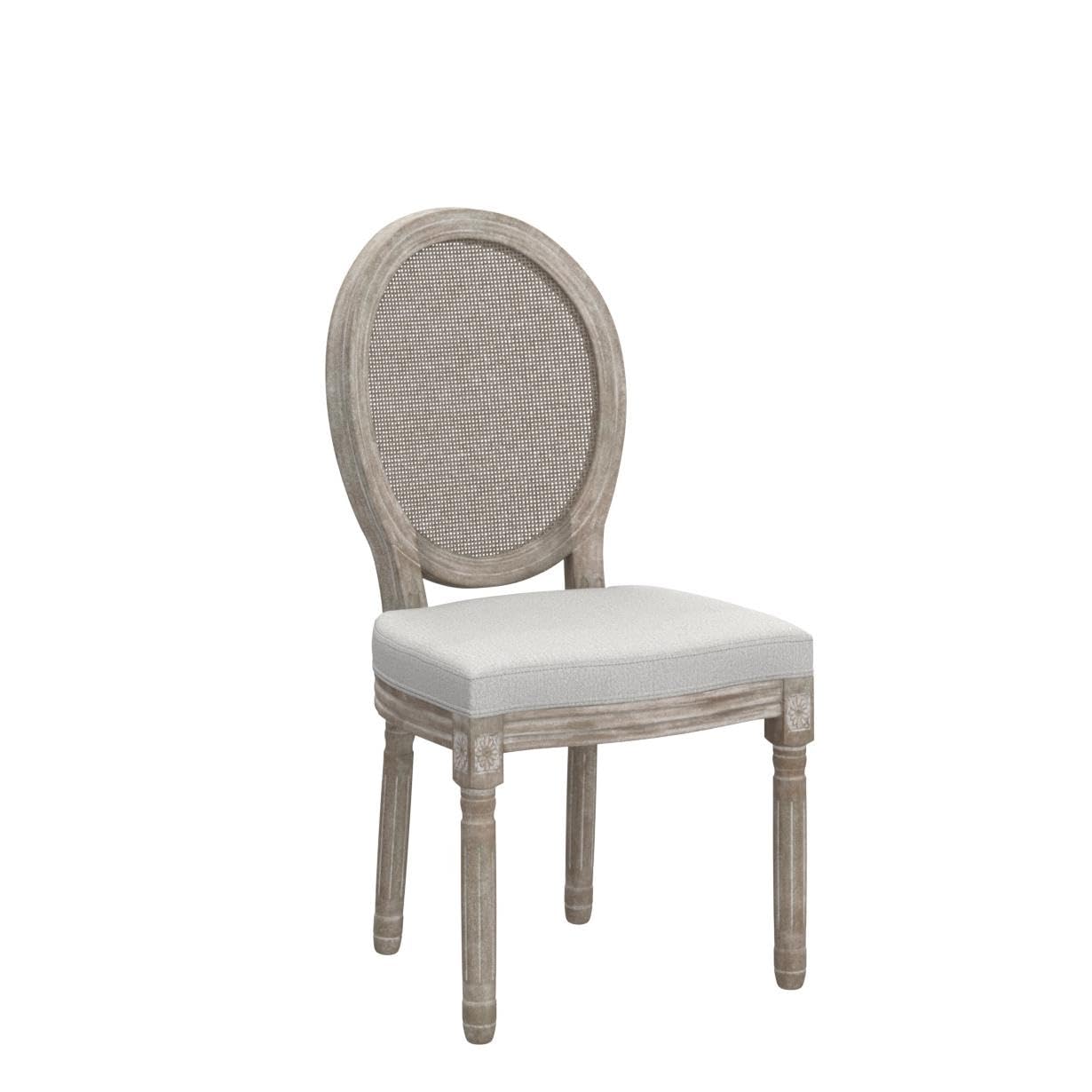 Kmax Farmhouse Dining Chairs Set of 2 - Distressed French Country Style Upholstered Chairs with Round Rattan Back, Tufted Kitchen Seating in Beige - Perfect for Dining Room, Breakfast Nook & Cozy Bedroom Sitting Area