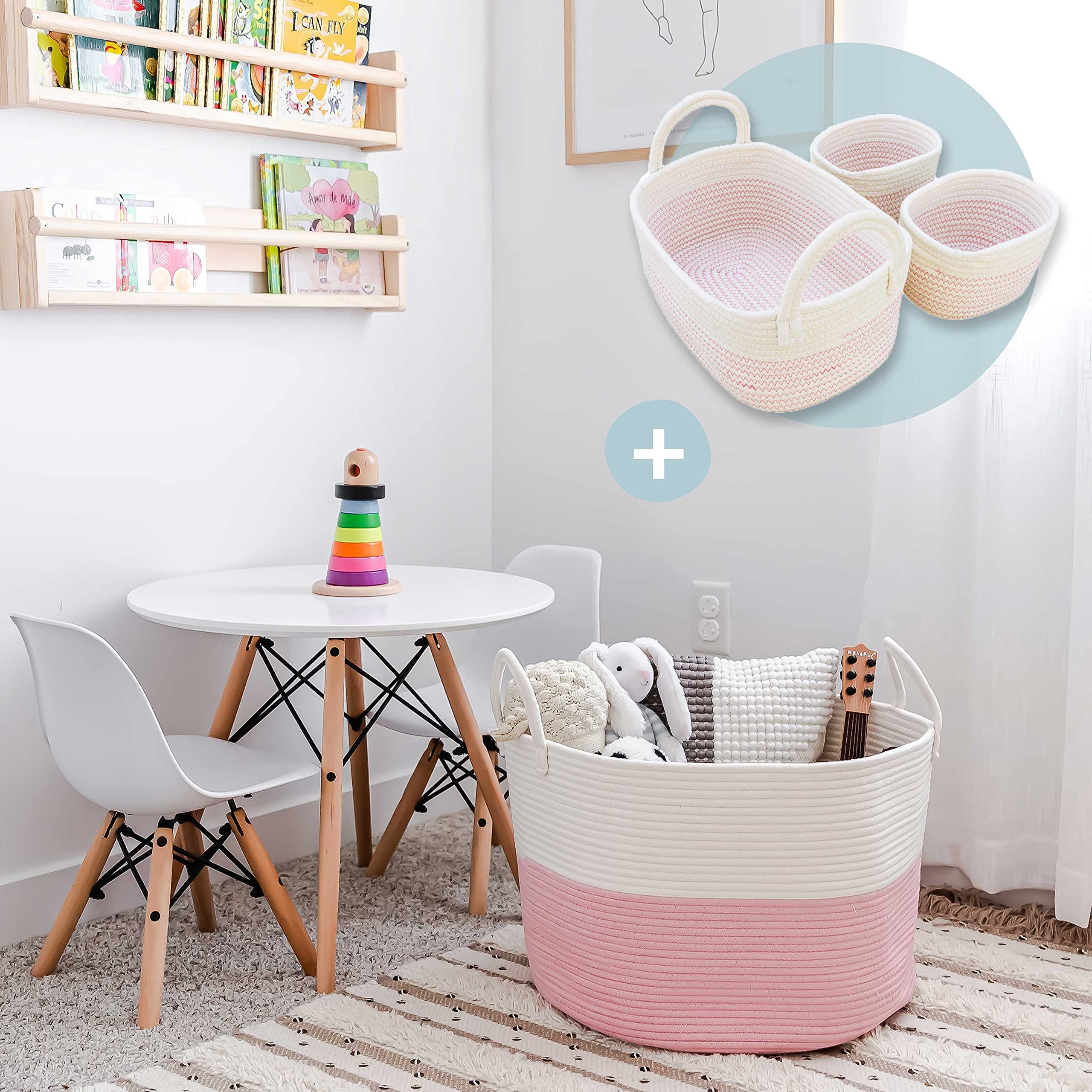 Pink Wide Rope Laundry Basket with 3 Nursery Baskets for Home & Baby Storage