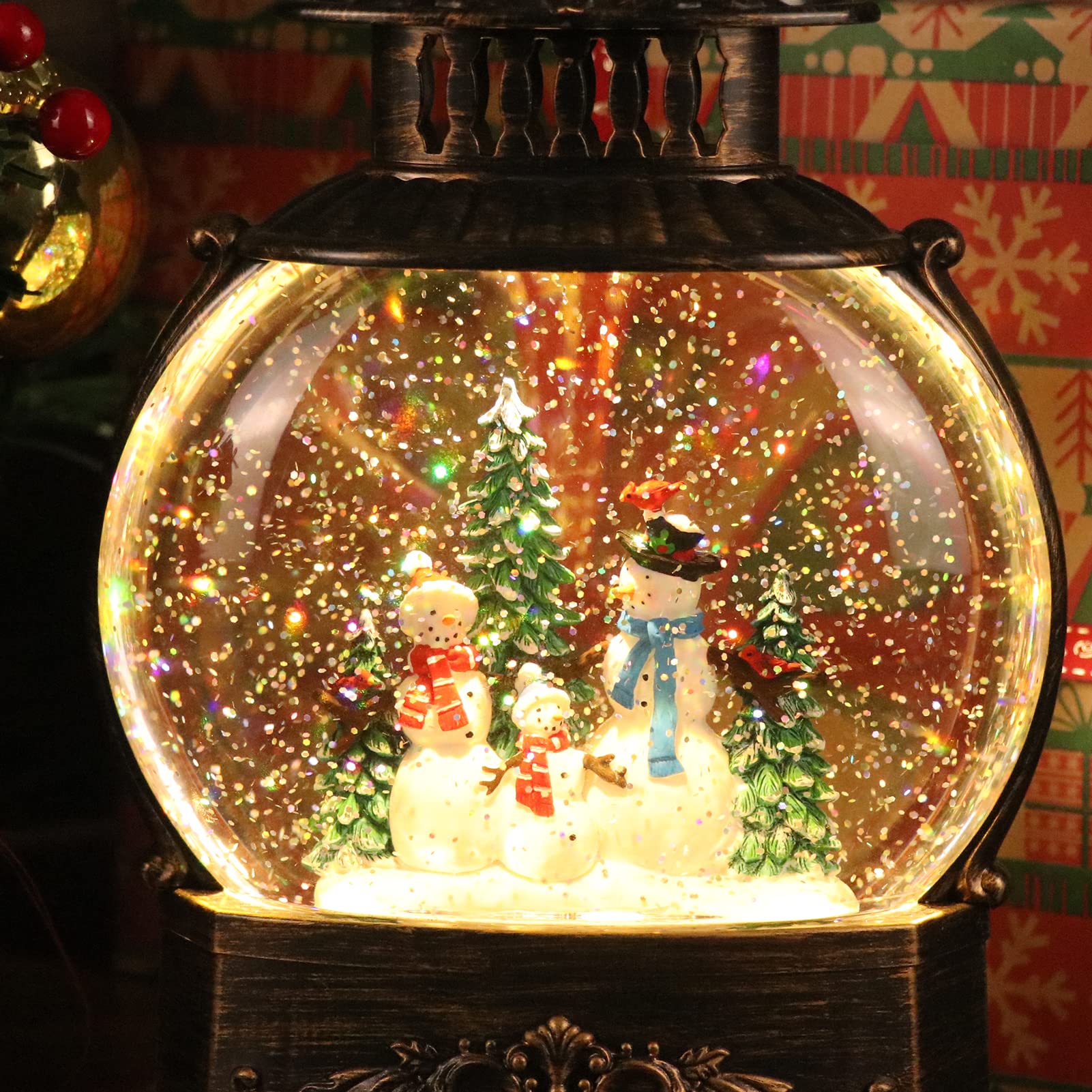 11.2 Inch USB/Battery Powered Rotating Snow Globe Lantern with Timer - Christmas Snowman Decor with Water Glitter & Music - Perfect for Holiday Home Decor, Gift Giving & Winter Tabletop Displays
