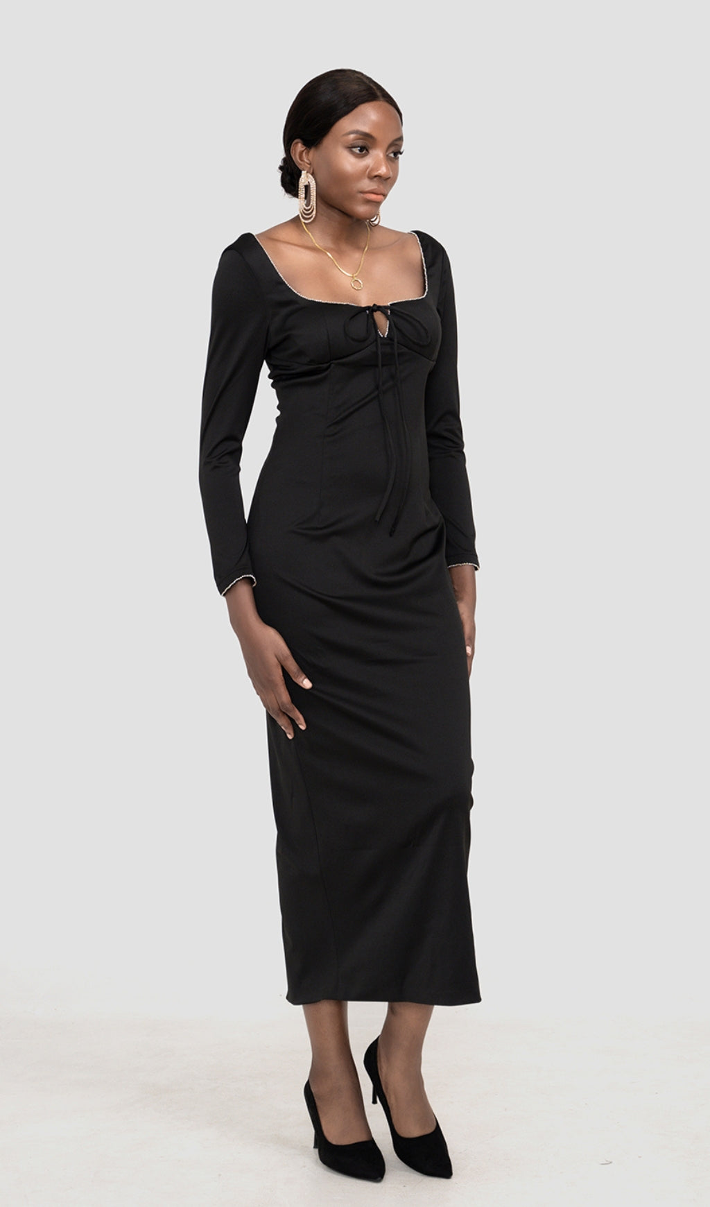 Elegant Black Crystal Embellished Maxi Dress for Women | Formal Evening Gown for Parties, Weddings & Special Occasions