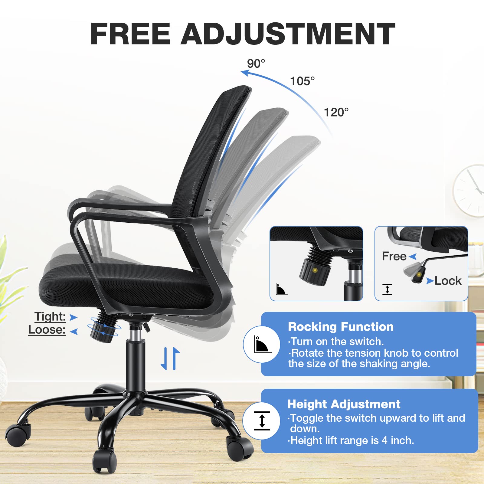 Ergonomic Office Chair with Wheels & Lumbar Support - Adjustable Mid Back Computer Desk Chair with Armrests for Home & Work - Comfortable Task Chair for Long Hours Sitting (Black) - Perfect for Home Office, Gaming & Workspaces
