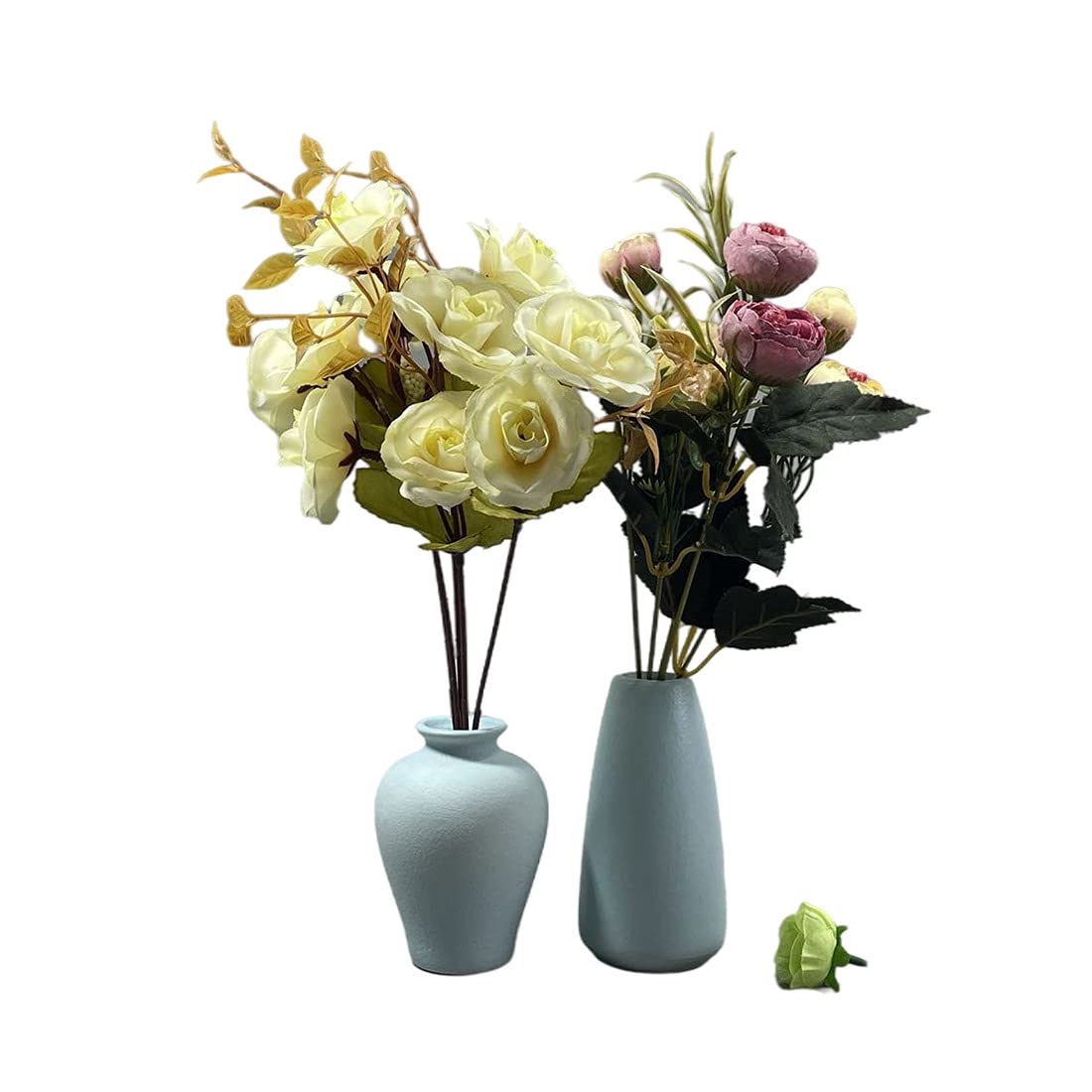 Small Ceramic Vases Set of 2 - Farmhouse Style Round Flower Vases for Wedding Decor, Home Centerpiece, Table Decorations - Blue Handmade Pottery (Perfect for Rustic Weddings & Farmhouse Interior Design)