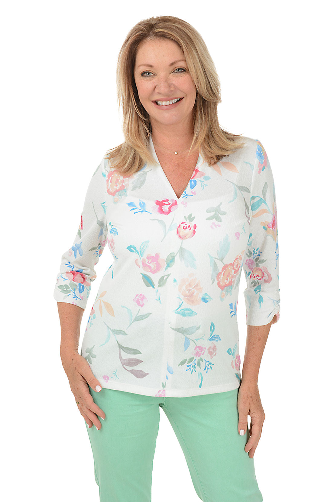 Elegant Floating Flowers Ruched 3/4 Sleeve Blouse for Women | Floral Print Summer Tops | Perfect for Beach Vacations, Date Nights & Office Wear