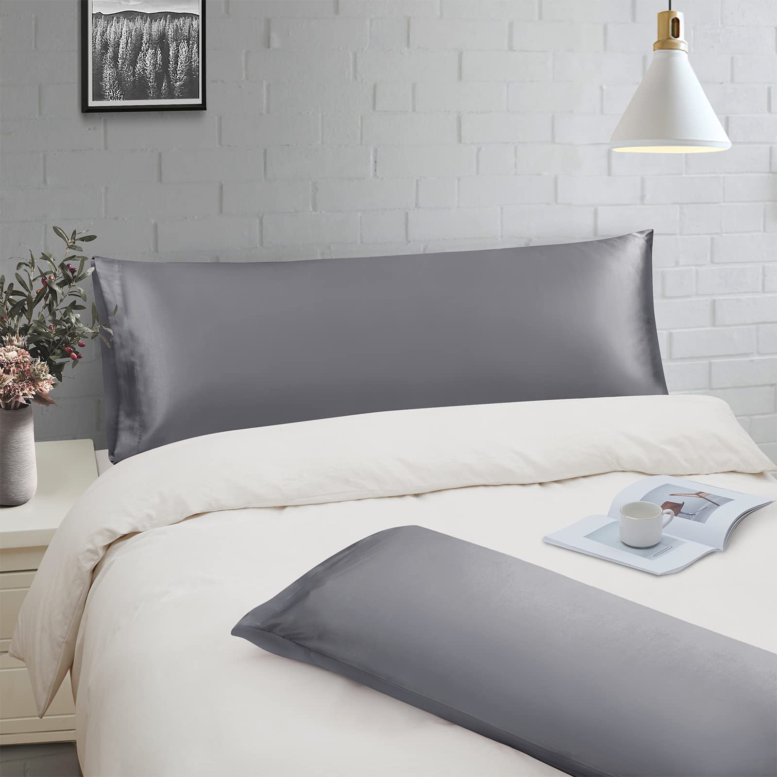 Ersmak 2-Pack Satin Body Pillow Covers 20x54 Inches - Ultra Soft Cooling Grey Satin Pillowcases for Hair & Skin Care - Silky Smooth Envelope Closure Bed Pillow Cases for Side Sleepers, Hot Sleepers & Beauty Rest