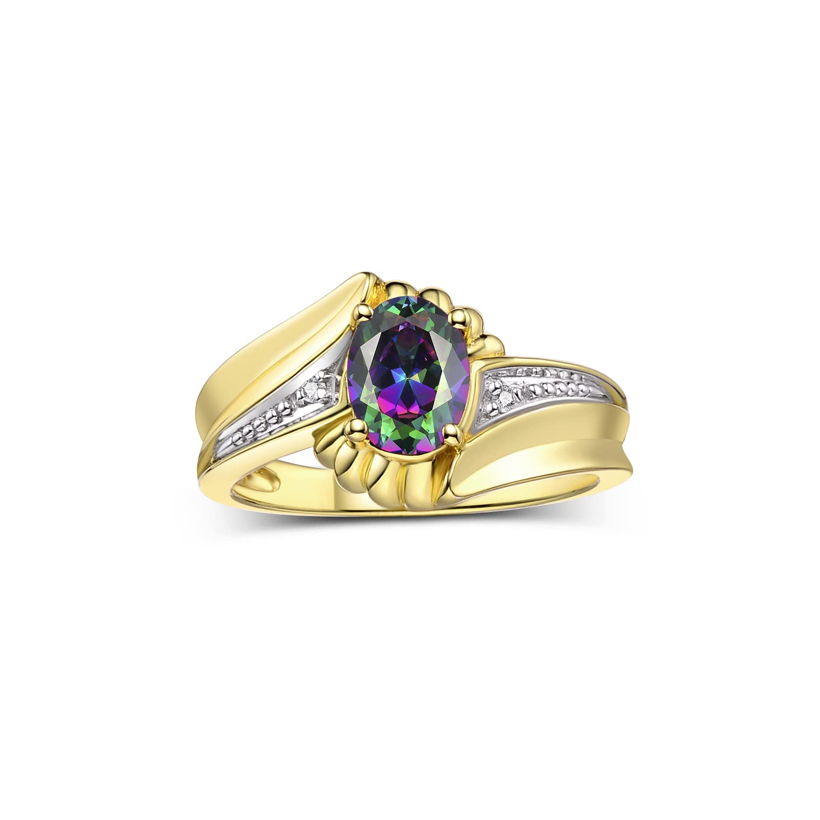 RYLOS 14K Gold Plated Sterling Silver Swirl Z Ring with 7X5MM Oval Gemstone & Genuine Diamond - Women's Birthstone Jewelry in Sizes 5-10 | Elegant Gift for Anniversary, Birthday, Valentine's Day & Everyday Wear