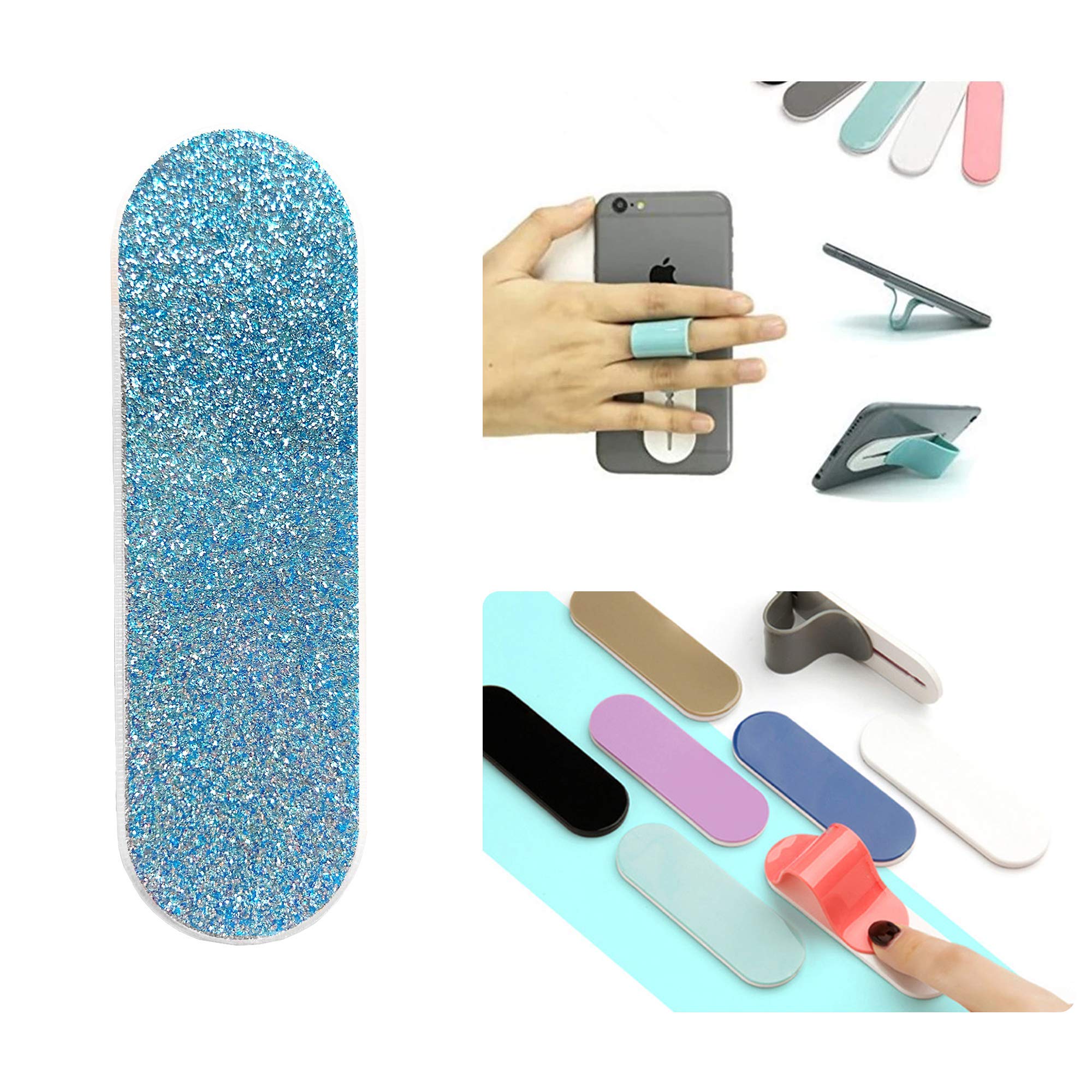 ZOQIZA Universal Phone Grip Holder - Finger Strap Stand with Kickstand for All Smartphones | Glitter Light Blue Phone Charm Accessory | Perfect for Selfies, Gaming & Hands-Free Use