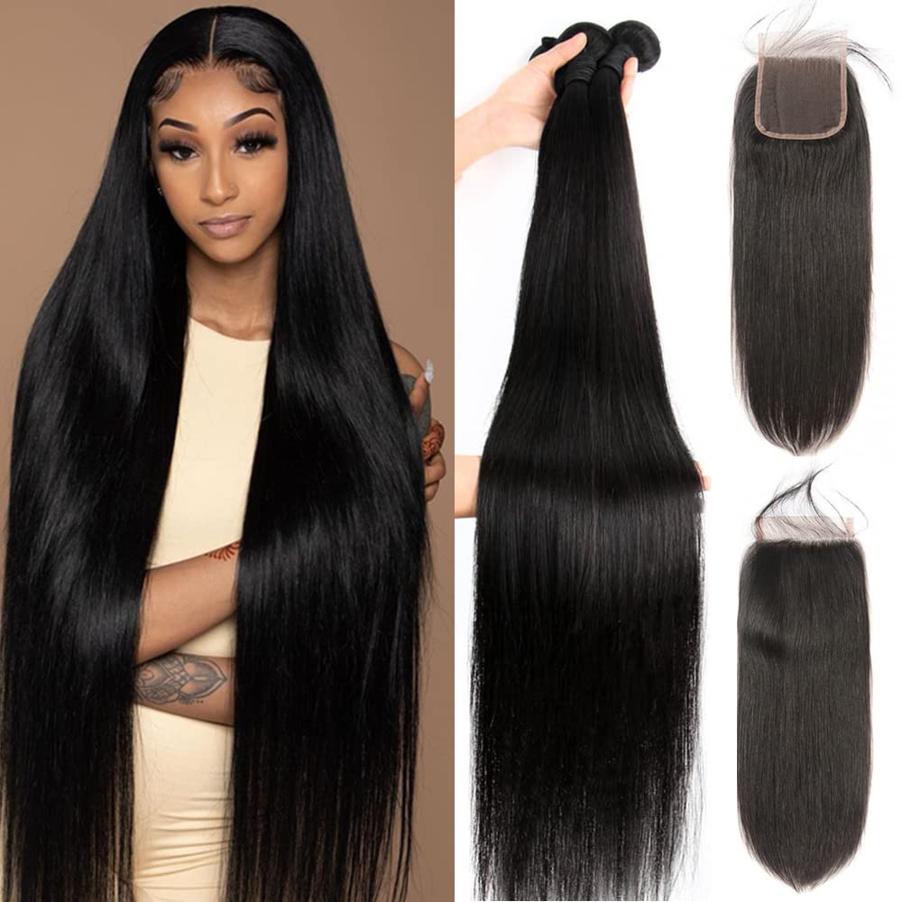 YISEA 100% Unprocessed Brazilian Virgin Human Hair Bundles with 4x4 Lace Closure (22 24 26+20) - Straight Hair Weave Extensions for Natural Look | Perfect for Daily Wear, Special Occasions & Salon Styling