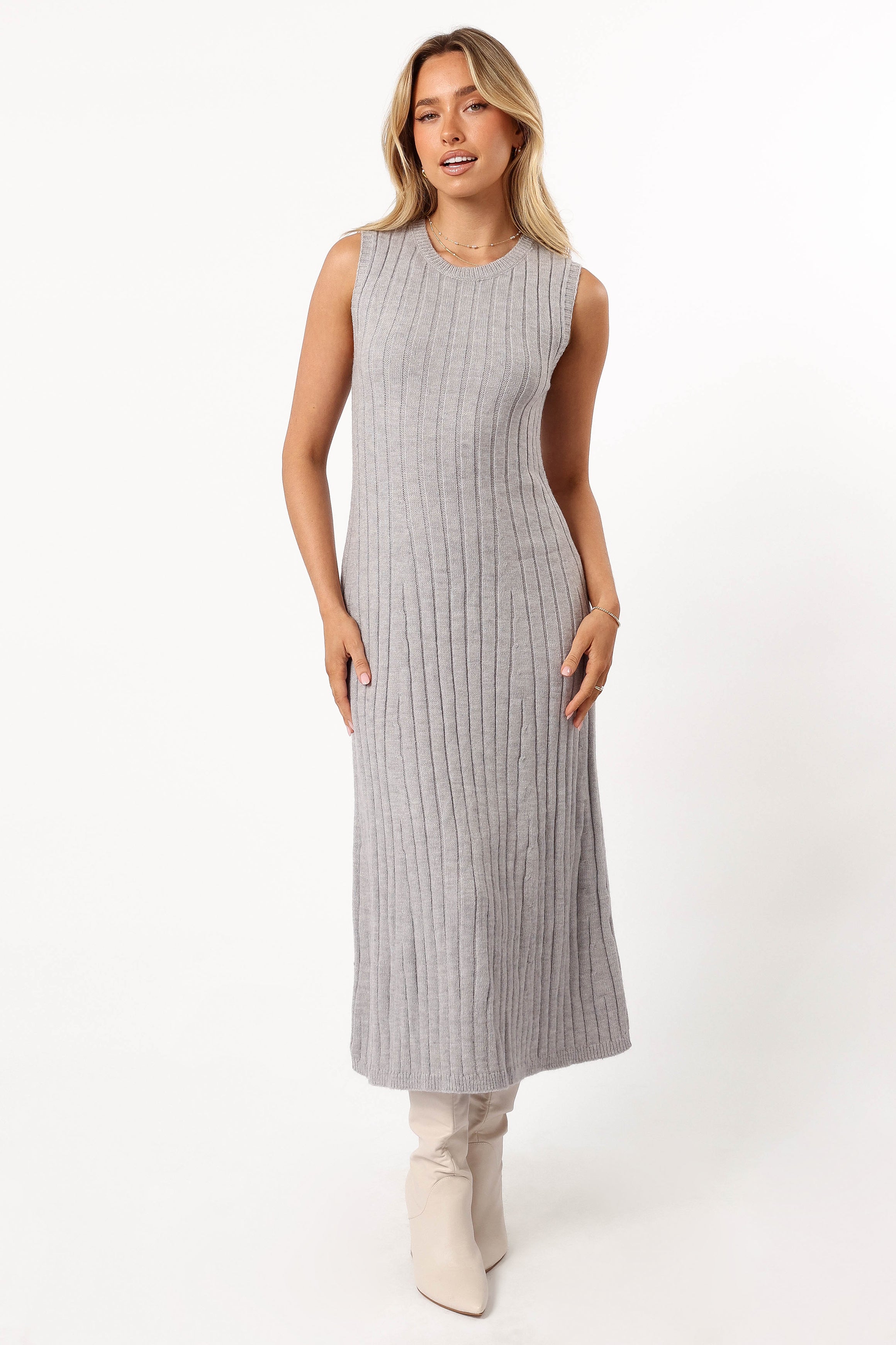 Kellie Knit Midi Dress for Women - Soft Stretch Grey Casual Dress for Fall & Winter | Perfect for Office, Date Night & Holiday Parties