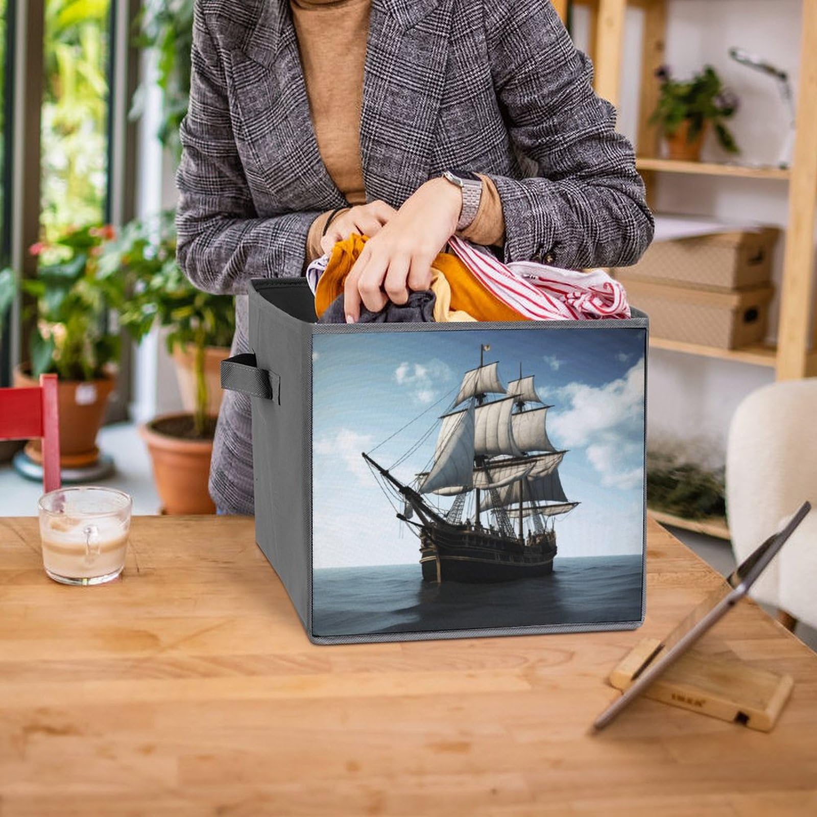 Large Collapsible Storage Bins with Handles - 2-Pack Old Sailing Ship Design Fabric Storage Cubes for Closet, Home & Office Organization | Perfect for Bedroom, Kids' Room & Dorm Storage Solutions