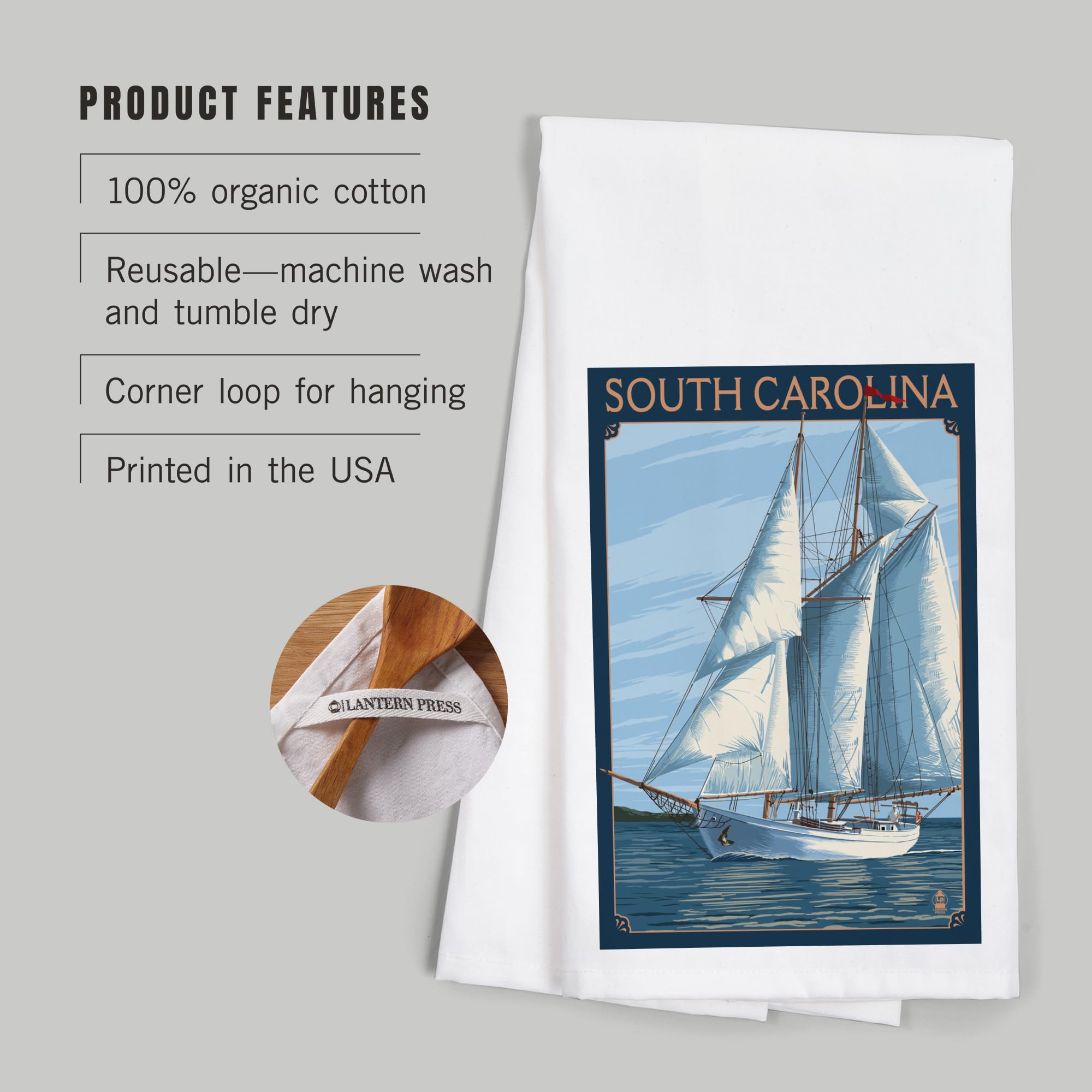 Lantern Press South Carolina Schooner Sailboat Cotton Tea Towel - 100% Cotton Decorative Hand Towel for Kitchen, Bathroom & Home Decor - Perfect for Dish Drying, Gift Giving & Coastal Themed Decor