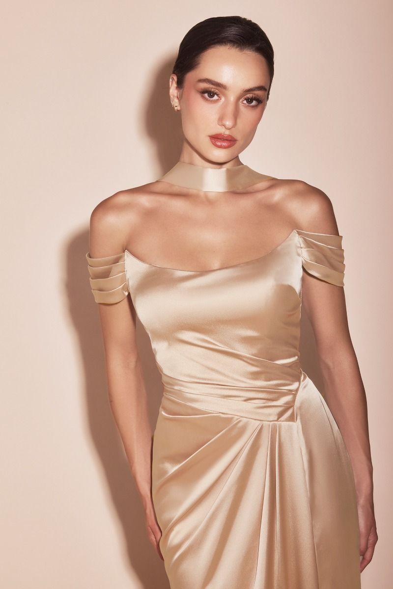 Emerson Off Shoulder Lace Up Corset Champagne Satin Evening Gown - Elegant Prom Dress, Wedding Guest Gown & Formal Party Wear