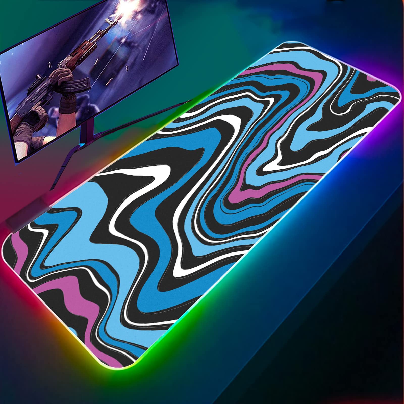 RGB Strata Liquid LED Gaming Mouse Pad XXL (31.5x11.8 Inch) - Blue & Black Backlit Mouse Mat for PC Gamers | Smooth Speed & Precision Control Surface | Perfect for Gaming Setups, Office Work & Computer Desks