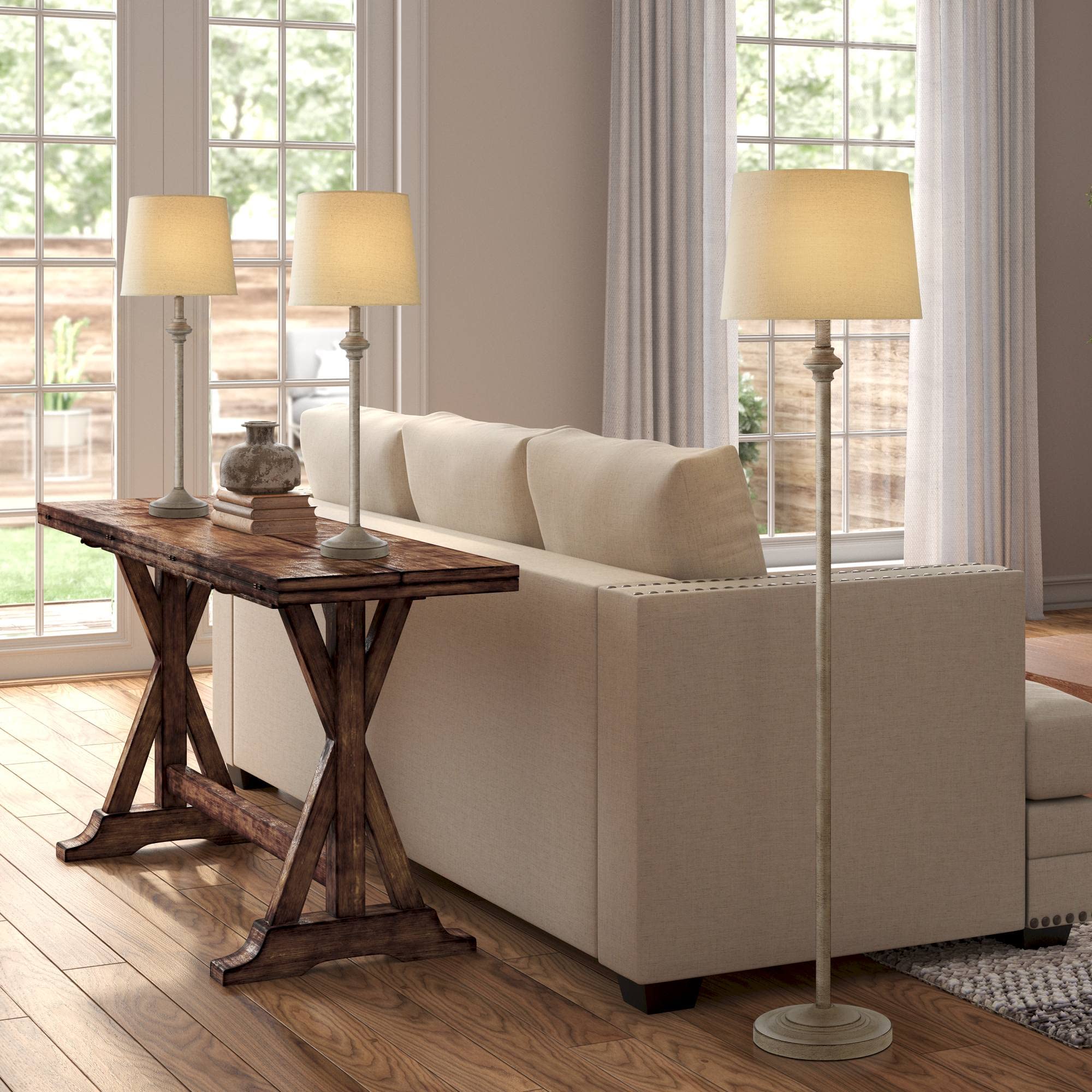 360 Lighting Carter Traditional 3-Piece Table & Floor Lamp Set - Beige Metal with Cream Fabric Tapered Drum Shade - Elegant Lighting for Living Room, Bedroom, Nightstand & Home Office - Perfect for Reading, Relaxation & Home Decor