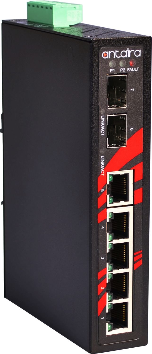 Antaira LNX-0702C-SFP Industrial 7-Port Fast Ethernet Switch with 2 SFP Slots, DIN Rail Mount, -10°C to 70°C Operating Temp, 12-48VDC Redundant Power - Ideal for Factory Automation, SCADA Systems & Harsh Industrial Environments