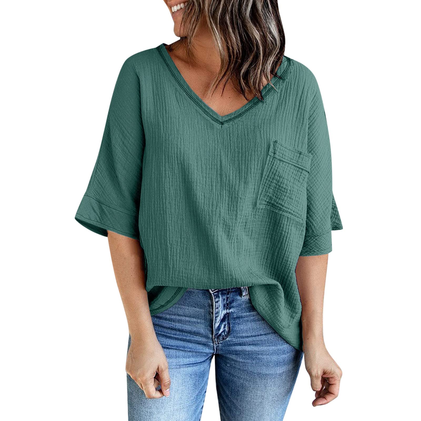 Women's Casual V-Neck 3/4 Sleeve Tunic Top with Side Split Hem - Loose Summer Blouse for Everyday Wear | Perfect for Office, Beach & Weekend Outings