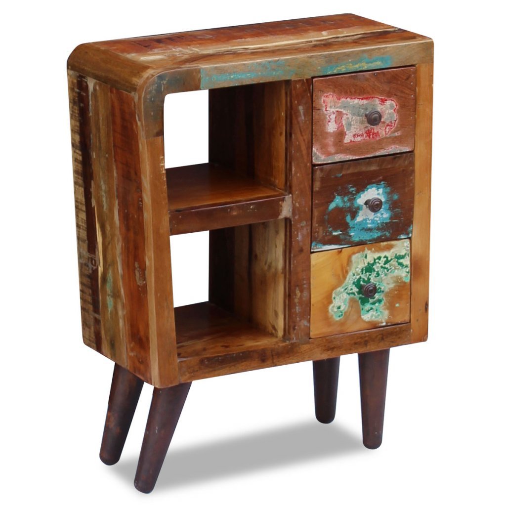 Festnight Reclaimed Wood Nightstand with 3 Storage Drawers & Open Shelf - Rustic Bedside Table for Bedroom, Living Room - 23.6