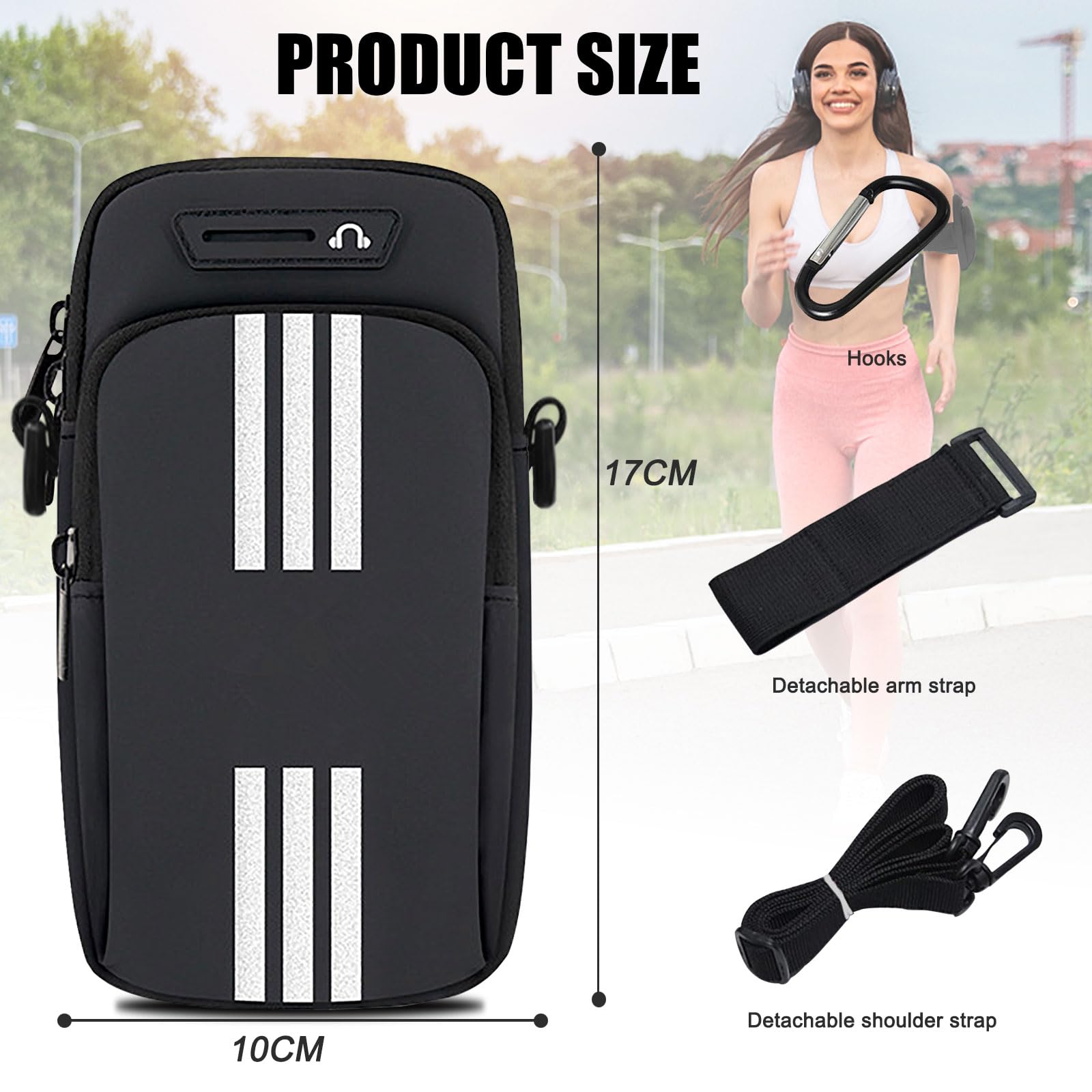 Running Armband Phone Holder for iPhone 16/15/14/13/12/11 Pro Max/Xs/XR/X/8/7 Plus/SE & Galaxy S25/S24/Ultra/Note - Adjustable Crossbody Pouch for Women Men Kids - Perfect for Jogging, Gym Workouts & Outdoor Activities (Black)