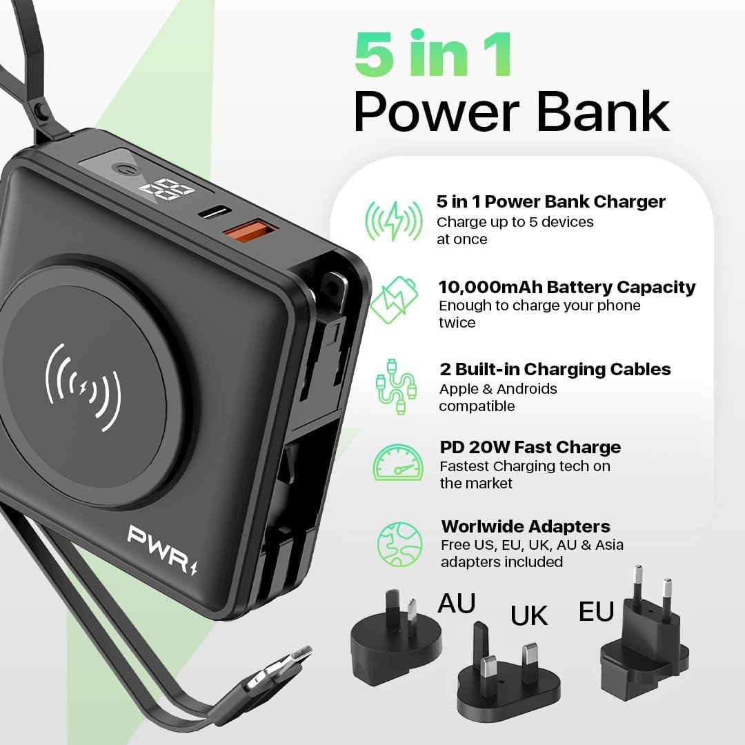 PWR Travel PRO 5-in-1 Power Bank 20W USB-C Fast Charging Portable Charger with 10,000mAh Battery - Wireless Charger & Lightning Compatible - Perfect for Travel, Camping & Emergency Power Backup