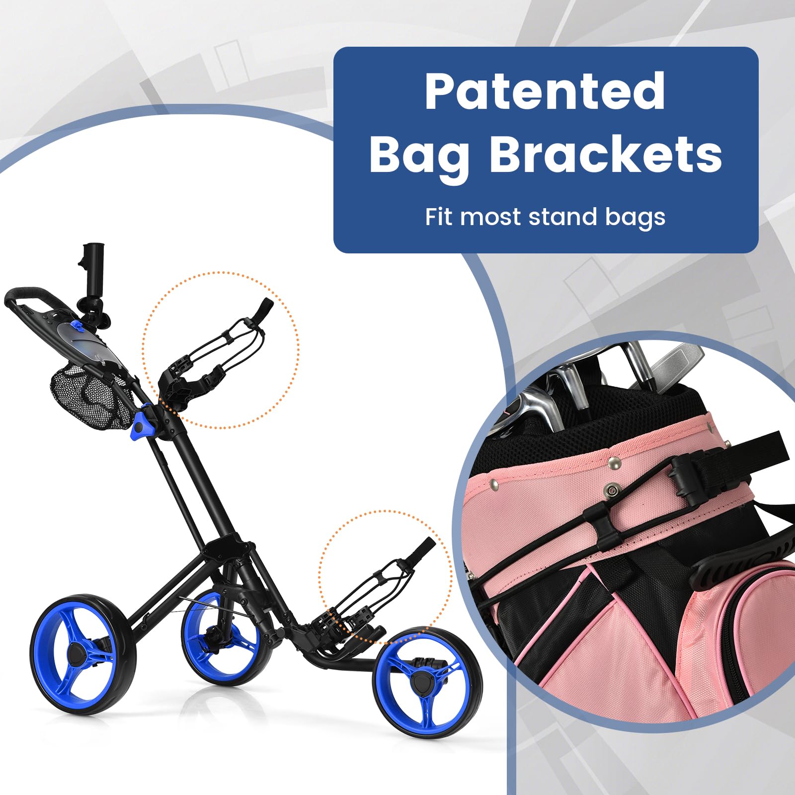 ULTIMATE 3 Wheel Golf Push Cart - Lightweight Folding Golf Trolley with Scorecard Holder, Cup Holder, Umbrella Holder & Golf Bag Holder | Includes Mesh Storage Bag, Upper/Lower Brackets with Elastic Straps, Foot Brake & Adjustable Handle | Perfect for Golf Courses, Driving Ranges & Outdoor Practice