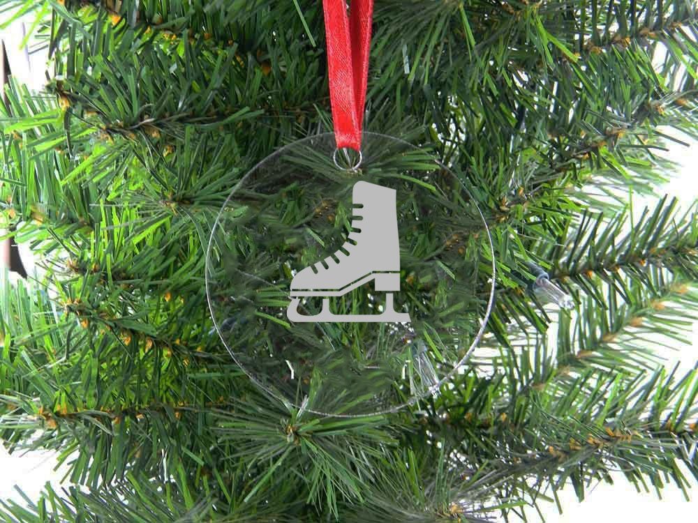 Personalized Custom Ice Skates Hockey Christmas Ornament - Clear Acrylic Hanging Decoration with Red Ribbon for Tree, Gift & Winter Sports Fan Decor