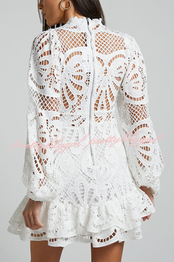 Elegant Solid Color Hollow Long Sleeve Waisted Lace Mini Dress for Women - Perfect for Parties, Dates & Special Occasions