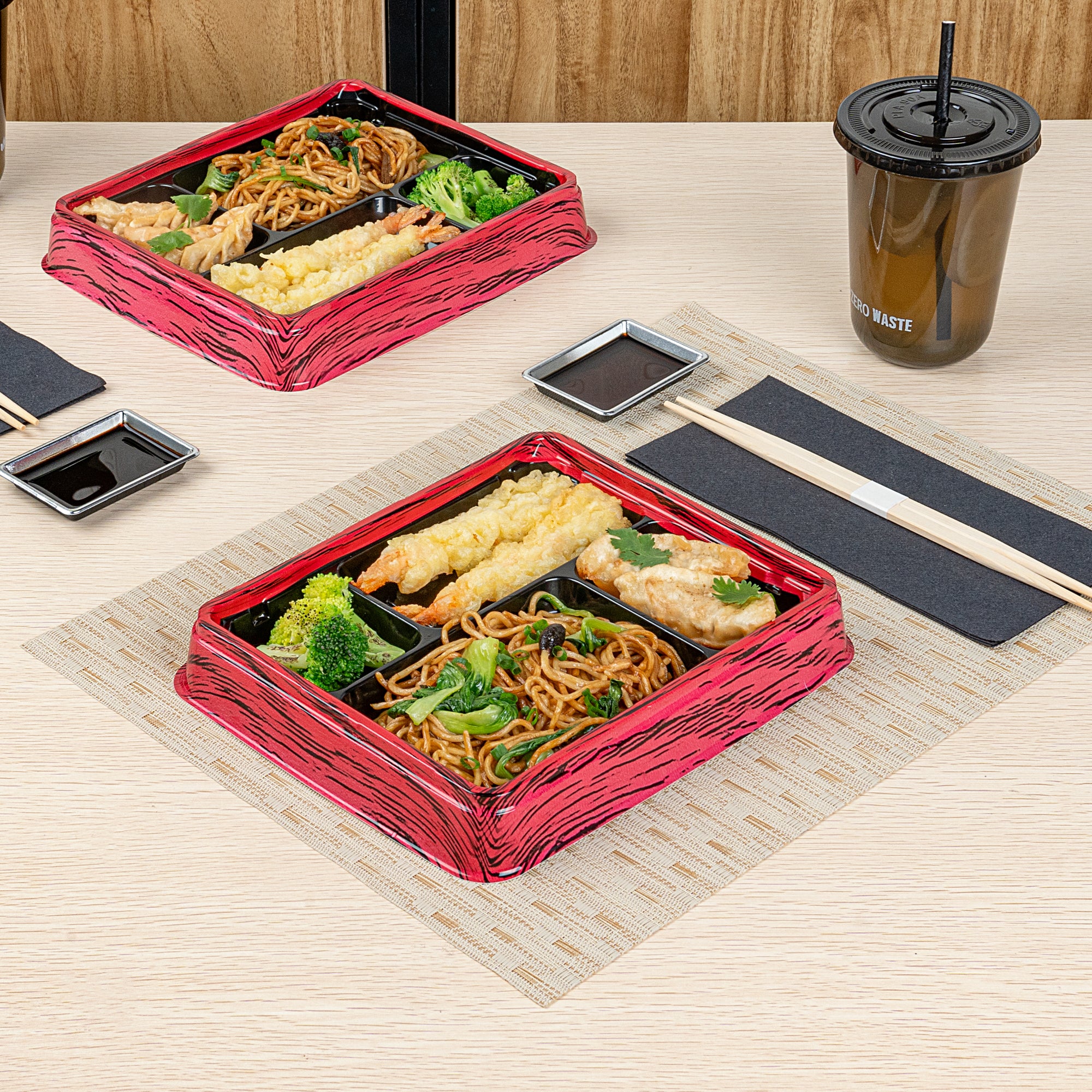 Bento Tek 15 oz Rectangle Red and Black Plastic Bento Box - 4 Compartment Lunch Container (8.75