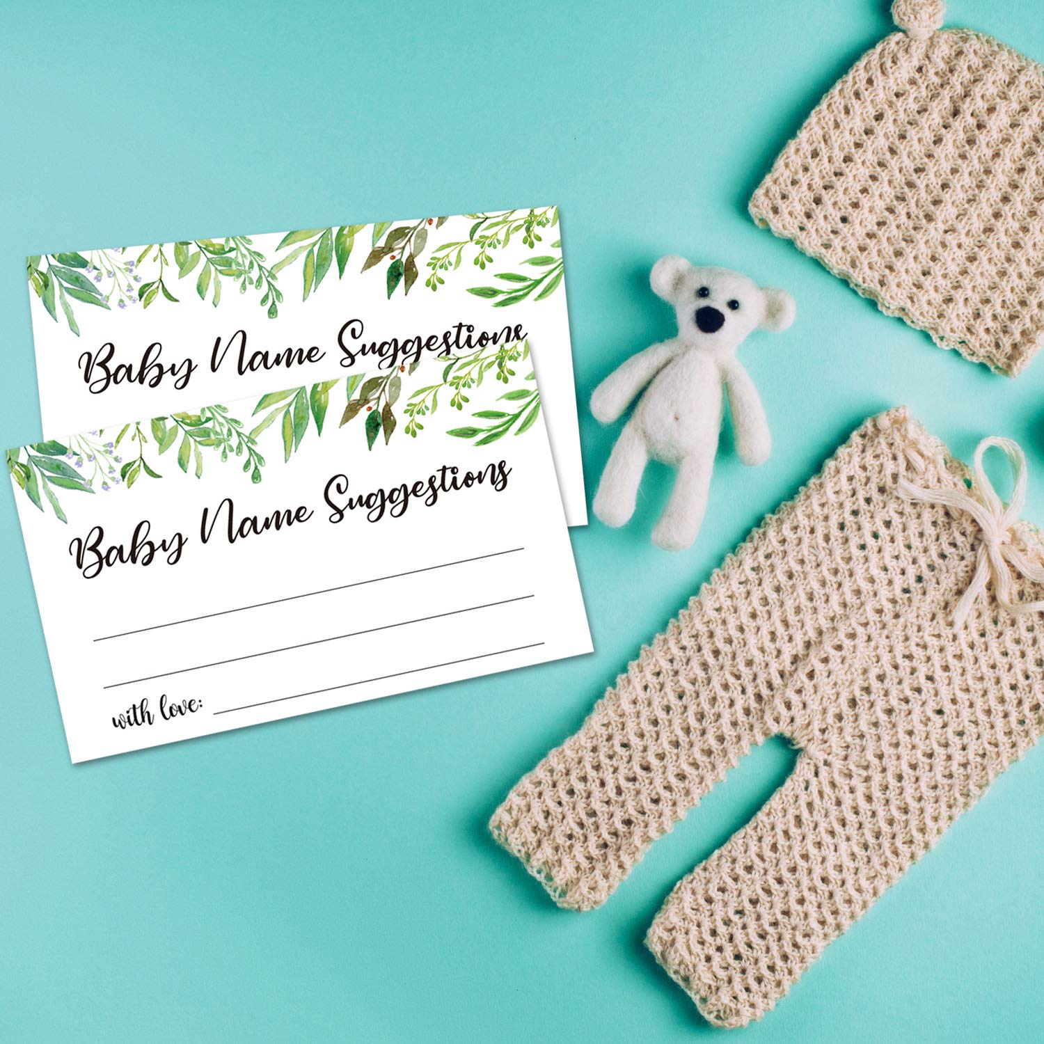 50 Baby Shower Name Suggestion Cards - Greenery-Themed Baby Name Game Cards for Gender Reveal & Baby Shower Parties - 3.5