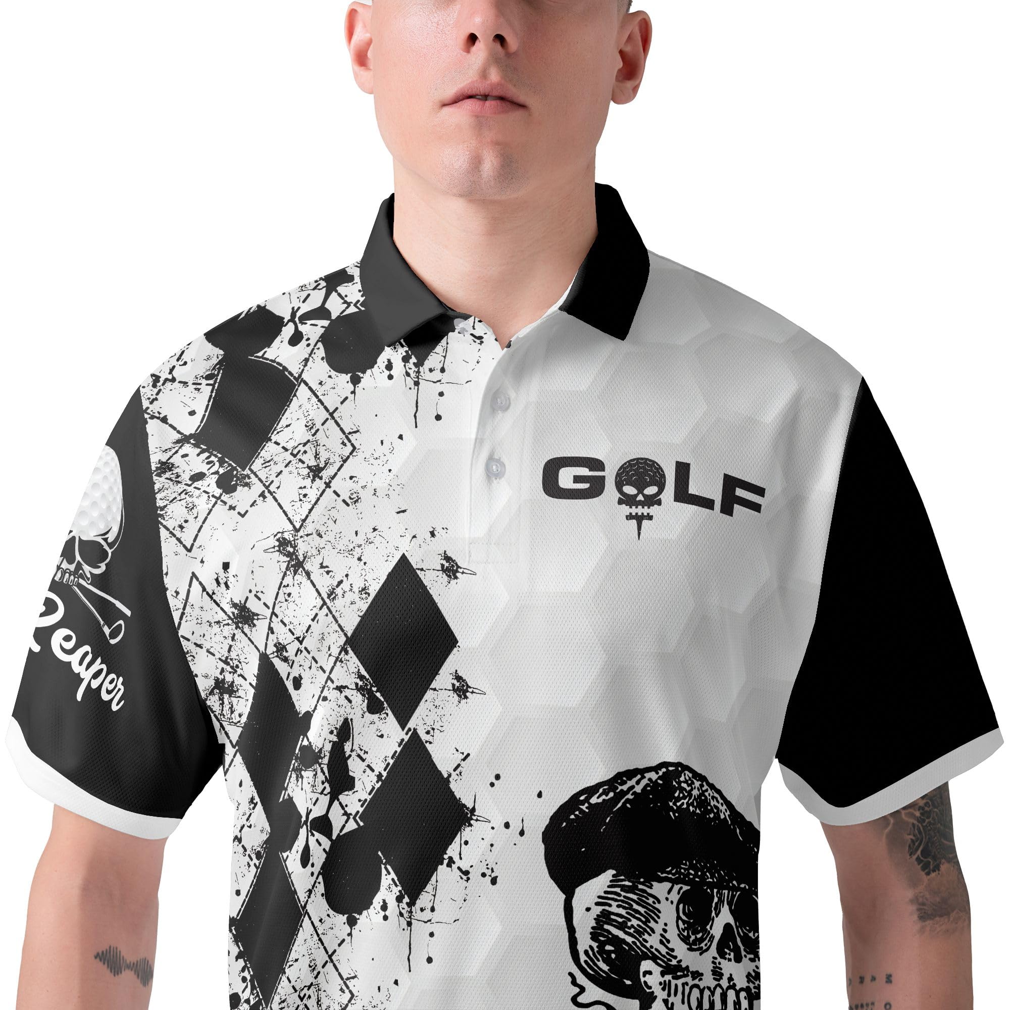 HYPERFAVOR Men's Black & White Skull Print Quick-Dry Golf Polo Shirt - Breathable Short Sleeve Performance Shirt for Golfing, Casual Wear & Outdoor Activities