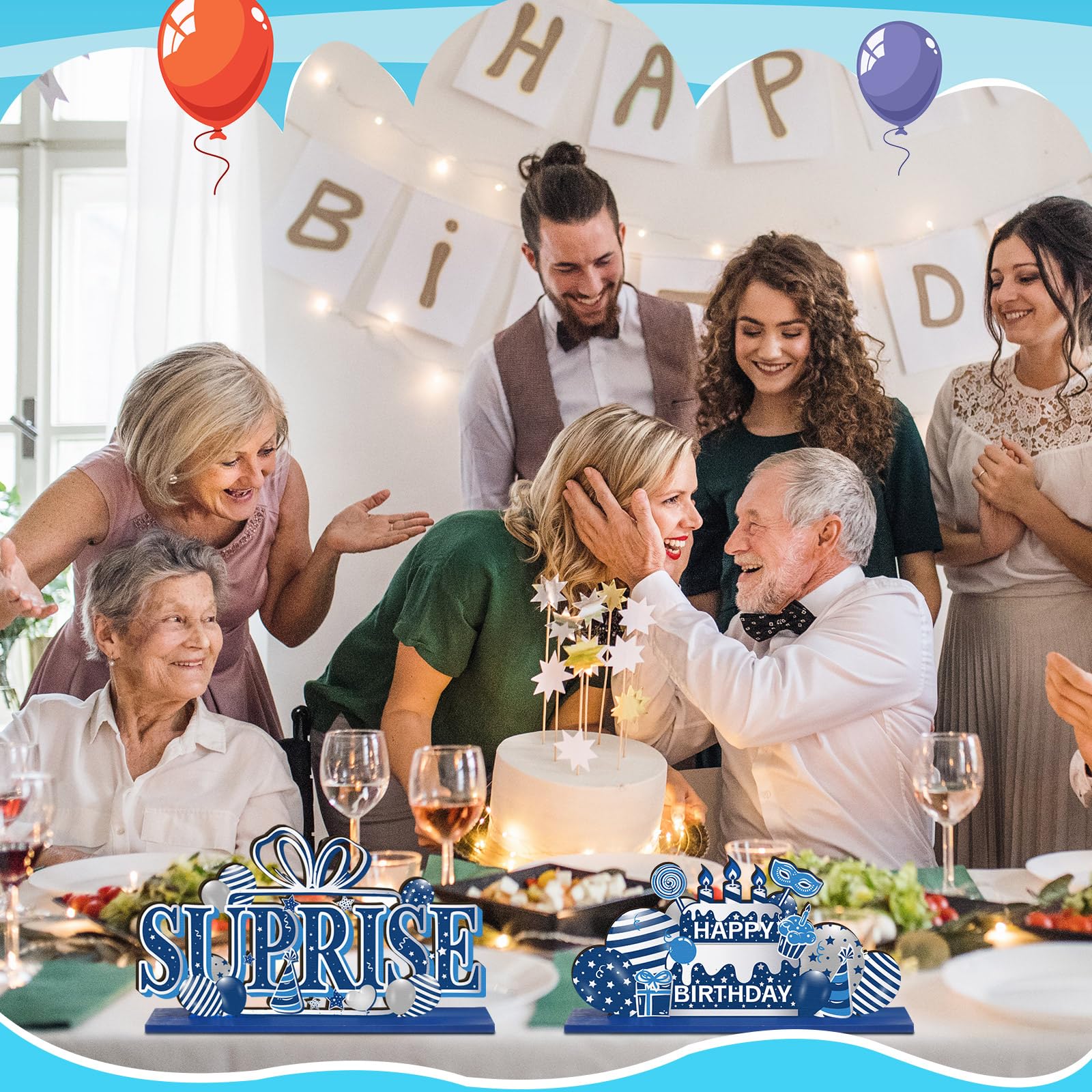 Hoolerry 6-Piece Wooden Birthday Party Decorations Set - Blue and Silver Table Centerpieces for Men & Women | Perfect for Birthday Celebrations, Anniversaries & Special Events