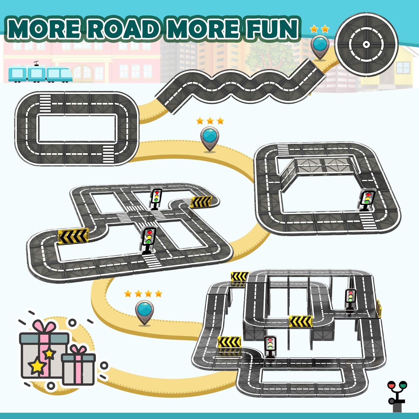 Magnetic Tiles Road Expansion Pack - STEM Magnet Building Blocks for Toddlers, Montessori Educational Toys for Kids Ages 3+ | Creative Construction Toy for Boys & Girls | Perfect for Easter Gifts, Birthday Presents & Classroom Learning Activities