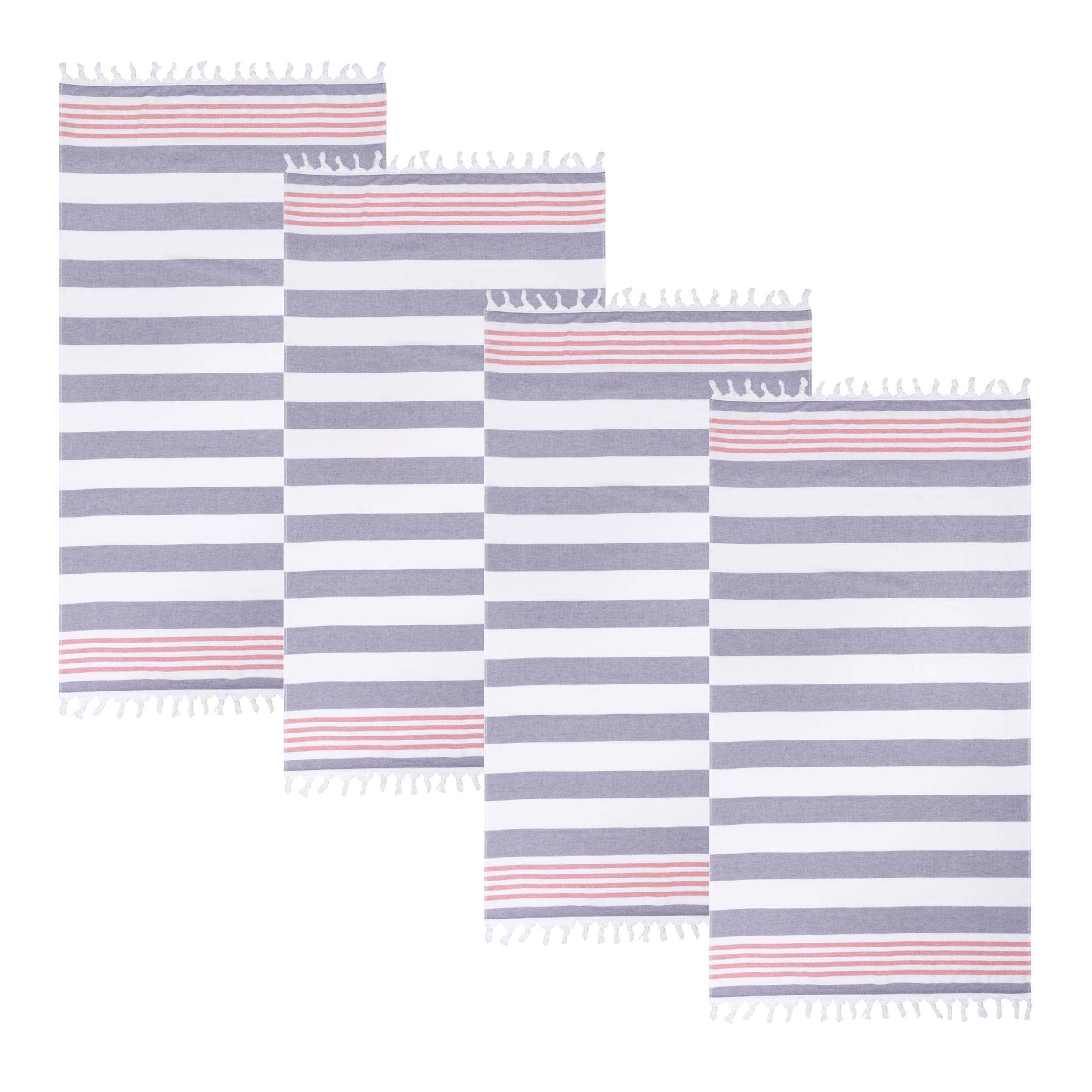 Coastal Resort Stripe Fouta 4-Piece Beach Towel Set with Tassels - Soft & Absorbent for Pool, Beach, Spa & Outdoor Use
