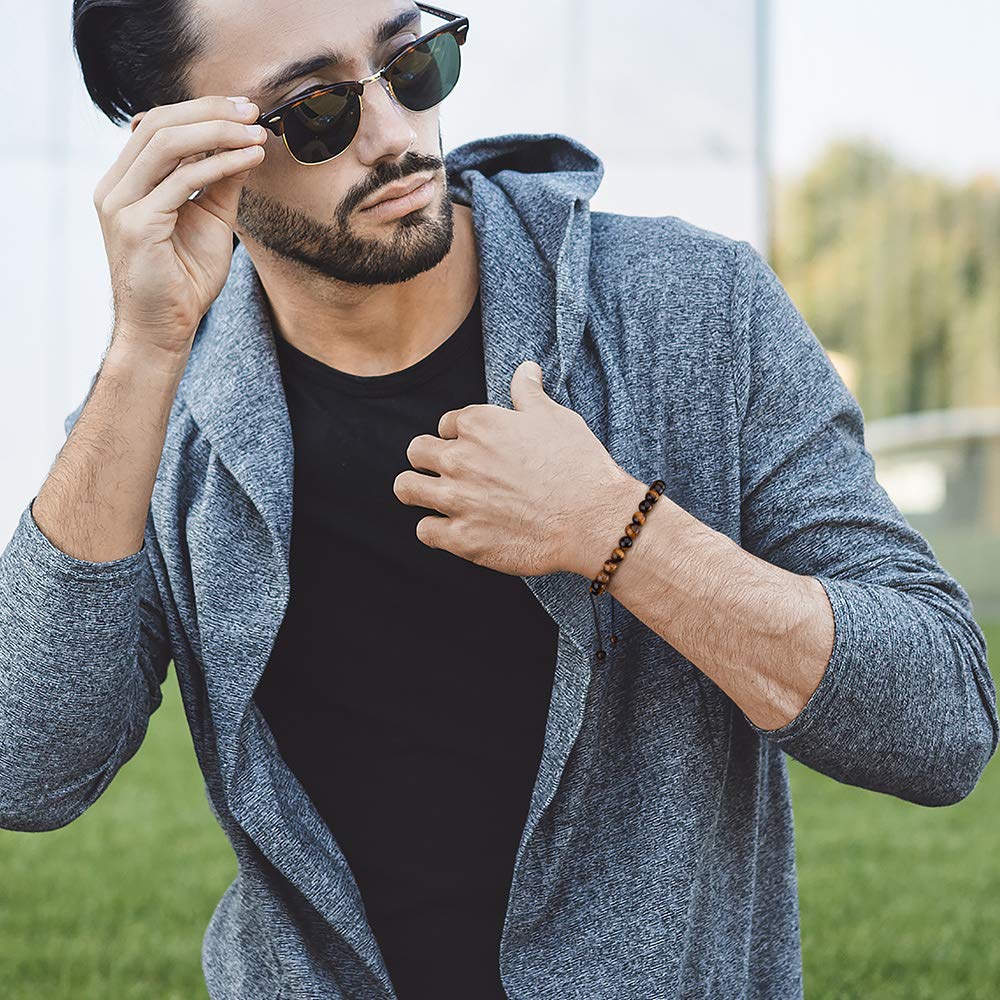 Tiger Eye & Lava Rock Men's Bracelet - 8mm Adjustable Anxiety Relief Stone, Aromatherapy Essential Oil Diffuser, Stress Reducing Gift for Him - Perfect for Meditation, Yoga & Daily Wear