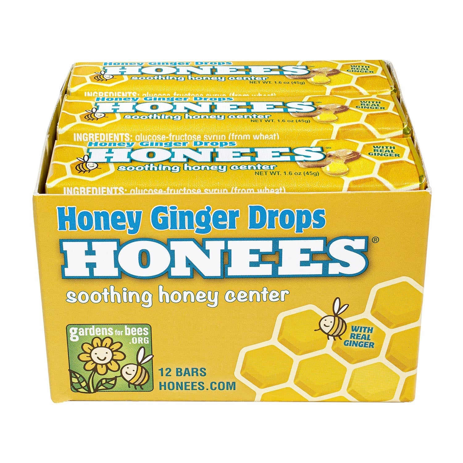 Honees Honey Ginger Drops Bar - 1.6oz (24 Count) - Natural Sore Throat Relief & Cough Drops for Adults & Kids - Perfect for Travel, Work & Home Use