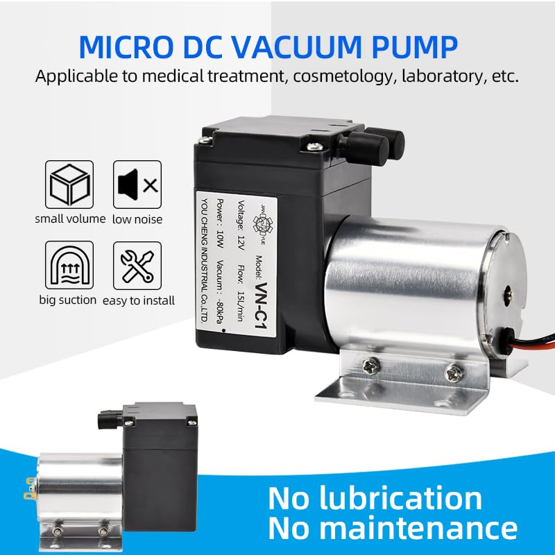12V/24V 10W Mini DC Air Pump - 80KPa Vacuum Pressure, 15L/Min Flow Rate, Oil-Free & Silent Diaphragm Pump (VN-C1 Brushless Motor) for Aquariums, Medical Devices, and DIY Vacuum Systems
