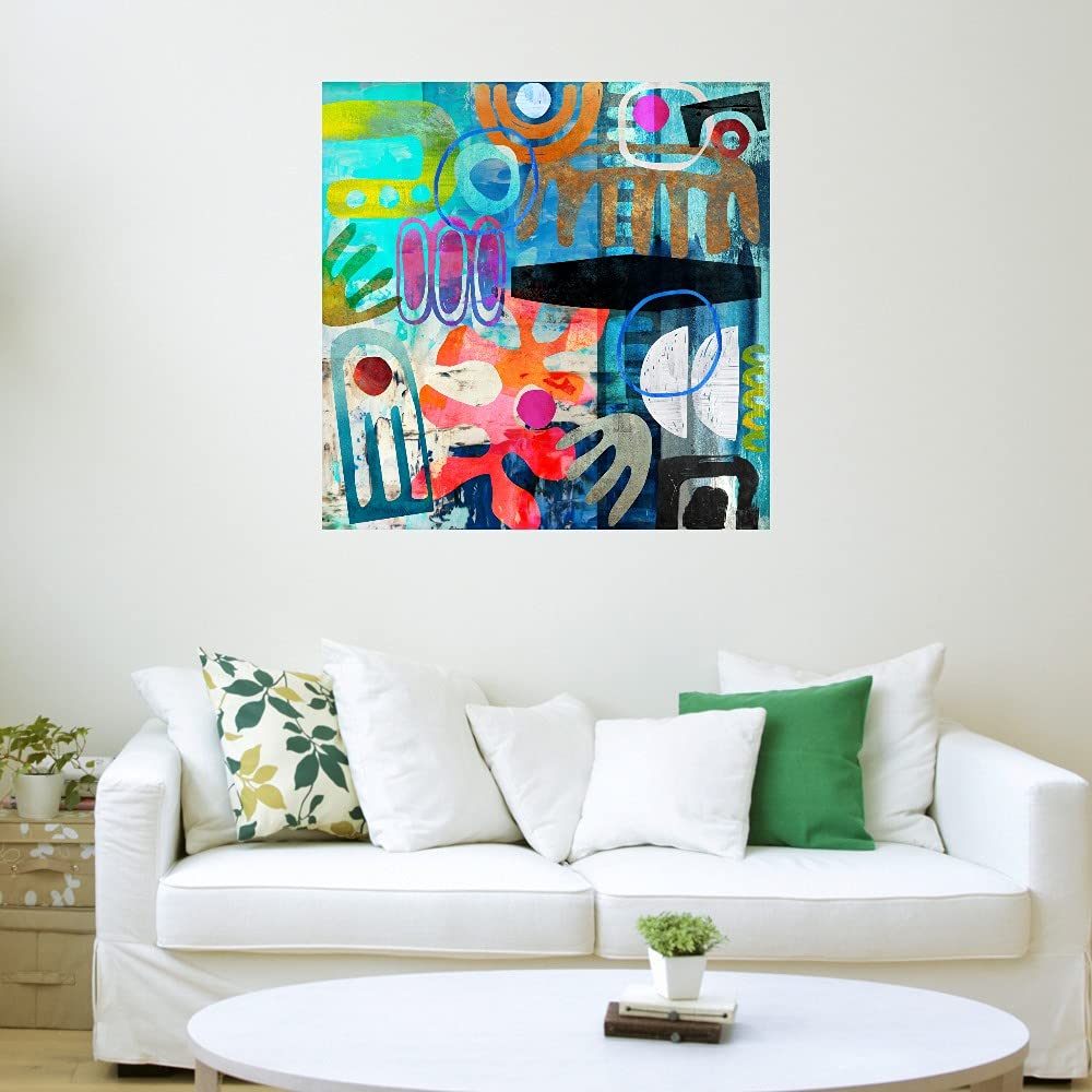 Hand-Painted Tribal Abstract Blue Canvas Wall Art by Nikki Chu - Modern Home Decor for Living Room, Bedroom, Office & More - 32x32 Inch Ready-to-Hang Painting - Perfect for Bohemian, Coastal & Contemporary Interiors