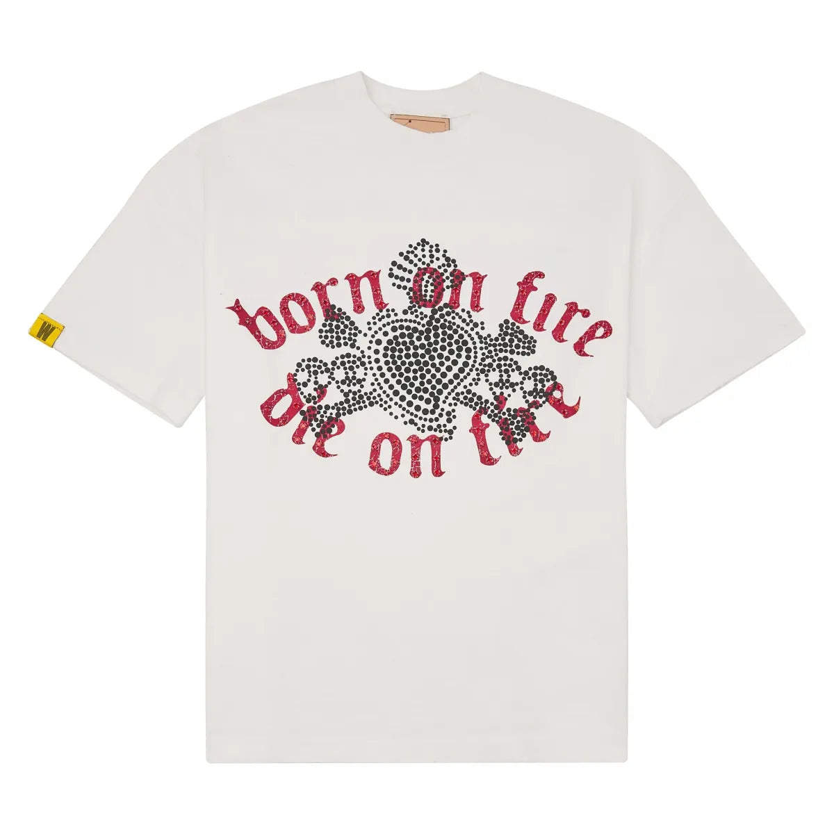 WHEN SMOKE CLEARS Born on Fire Rhinestone T-Shirt - Black/Red | Edgy Graphic Tee for Concerts, Parties & Streetwear Fashion