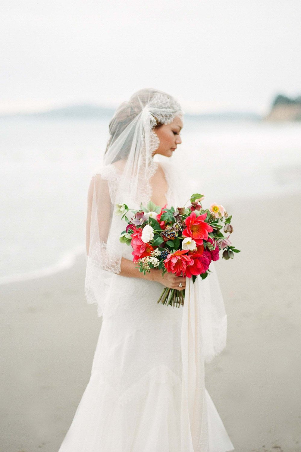 Mar Scalloped French Lace Juliet Veil in Ivory Silk Tulle | Elegant Wedding Veil for Brides | Perfect for Church Ceremonies & Romantic Photos