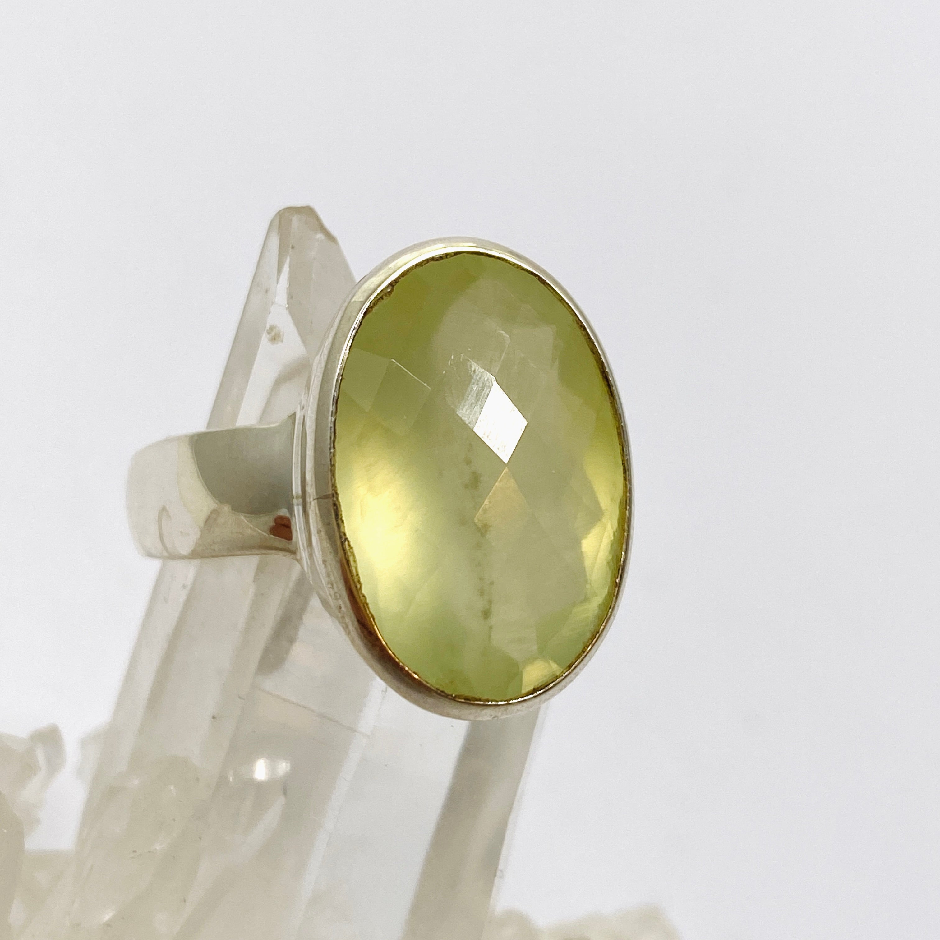 Prehnite Oval Checkerboard Faceted Ring - Size 12 Sterling Silver Jewelry for Women - Perfect for Wedding, Anniversary & Special Occasion Gifts