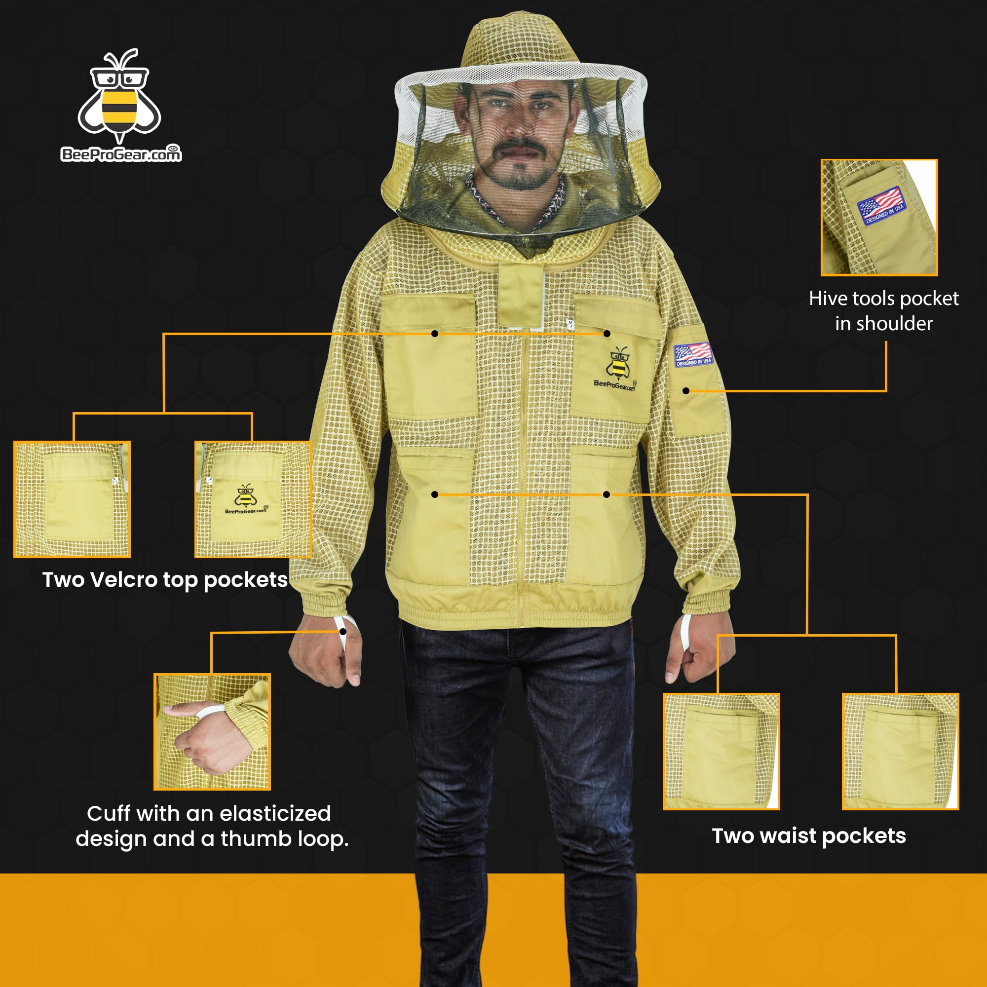 BeeProGear 3-Layer Ultra Mesh Beekeeping Jacket with Round Veil - Sting-Proof Leather Gloves & Storage Bag - Unisex Beekeeping Suit for Men & Women (Brown, 4XL) - Ideal for Honey Harvesting, Hive Inspection & Apiary Protection