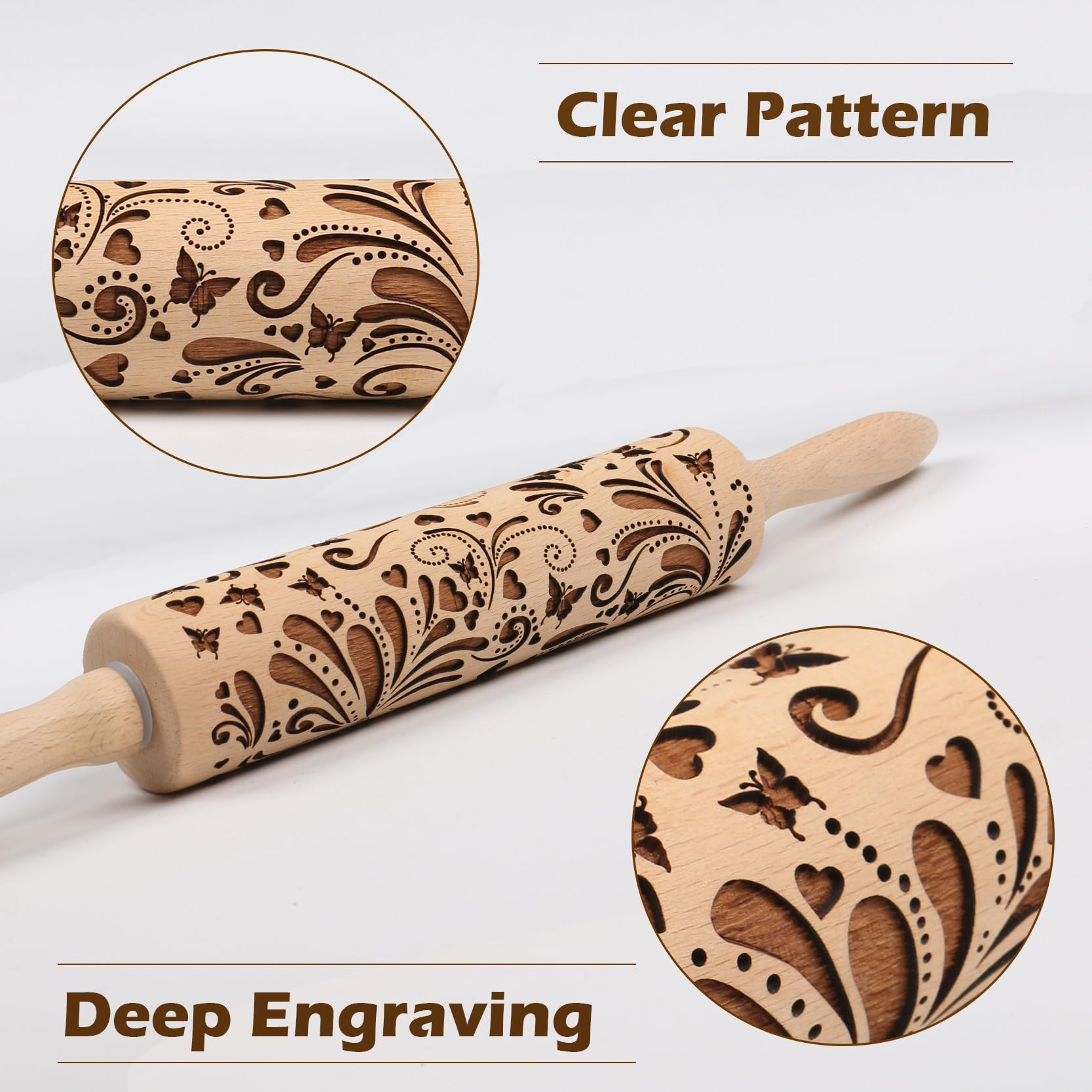 Wooden Embossed Rolling Pin for Baking Cookies - Floral Butterfly Flower Design - Perfect for Springerle, Dough, Clay Pottery & Christmas Cookies - Ideal for Home Bakers & Ceramic Artists