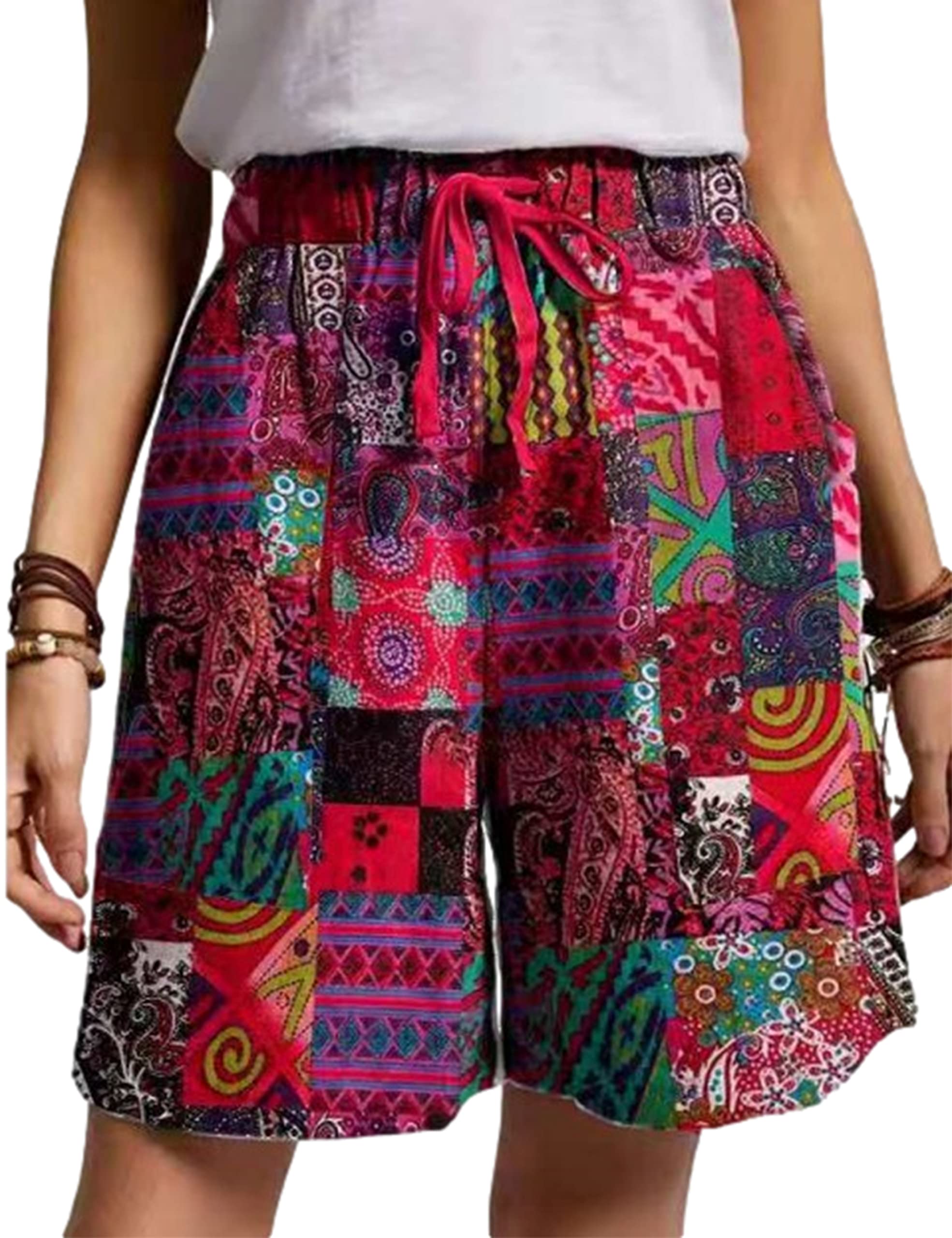 Hooever Women's Casual Loose Wide Leg Floral Printed Drawstring Waist Bermuda Shorts - Comfortable Summer Shorts for Beach, Travel & Everyday Wear