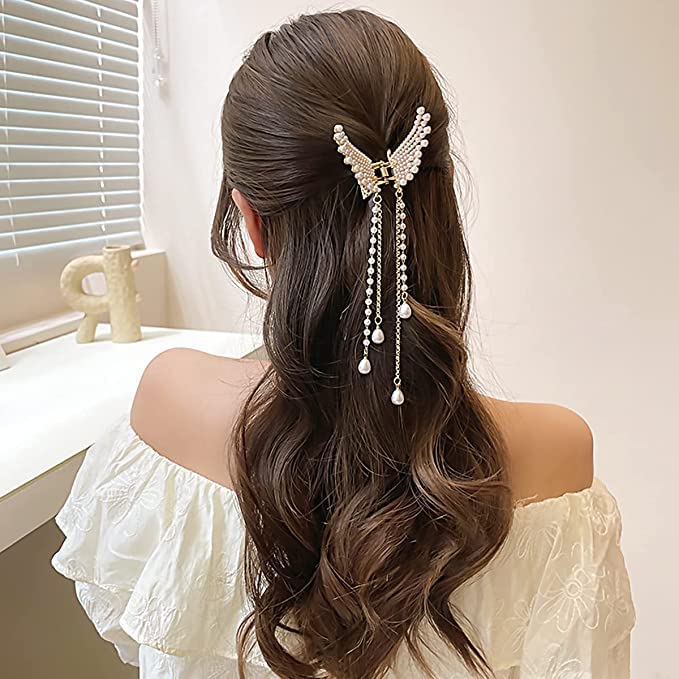 Elegant White Rose Petals & Pearl Rhinestone Bridal Hair Clip for Women - Vintage Crystal Butterfly Floral Barrette for Weddings, Bridesmaids & Special Occasions (Back Clip)